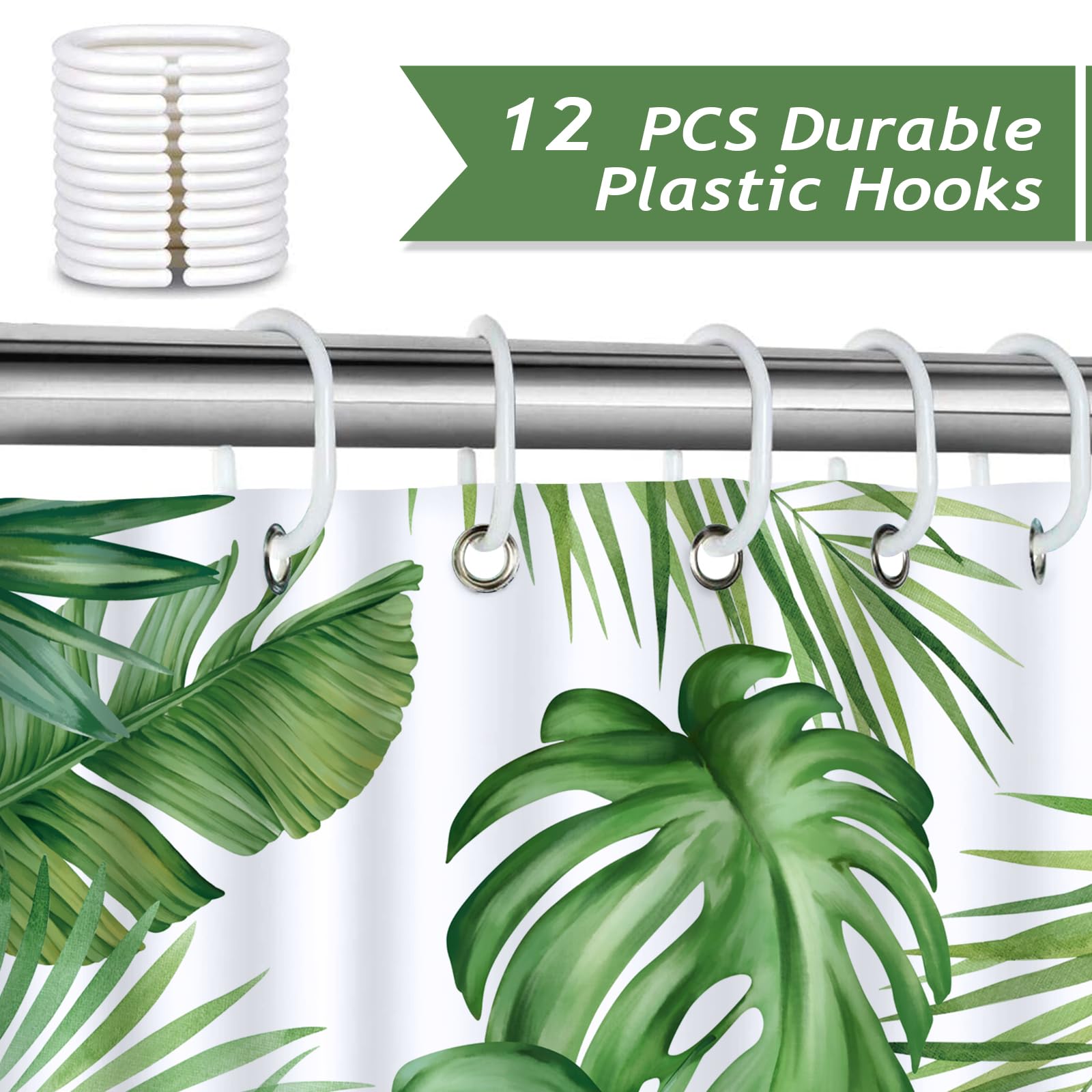 Bonhause Tropical Leaves Shower Curtain Green Palm Monstera Leaf Decorative Bath Curtain 72 X 72 Inch Polyester Fabric Waterproo