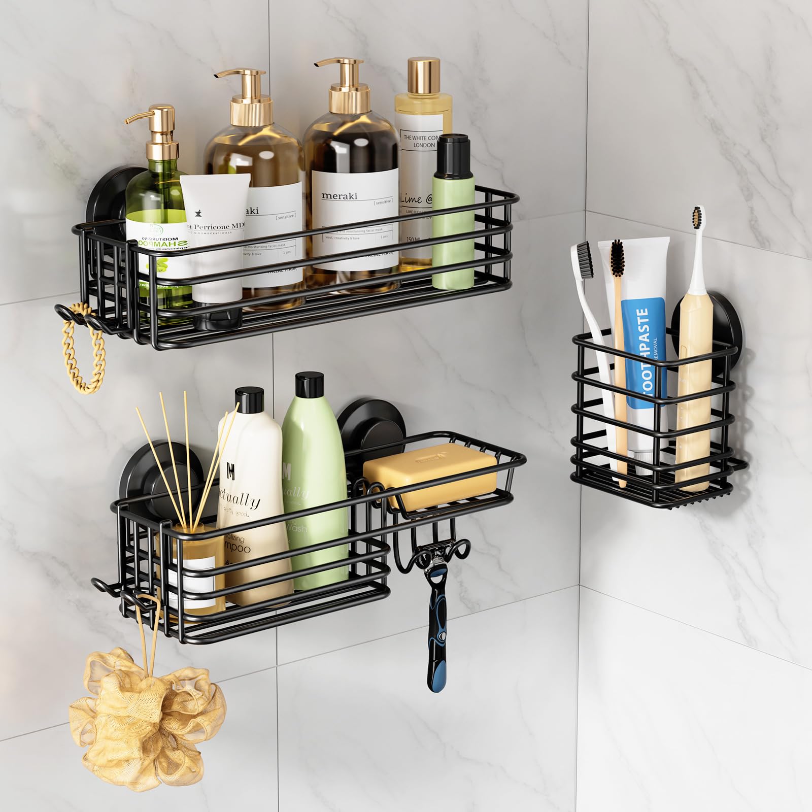 LEVERLOC Shower Caddy Suction Cup, 3 Pack Heavy Duty Bathroom Organizer for Inside Shower with Hooks & Soap holder, Removable Ba