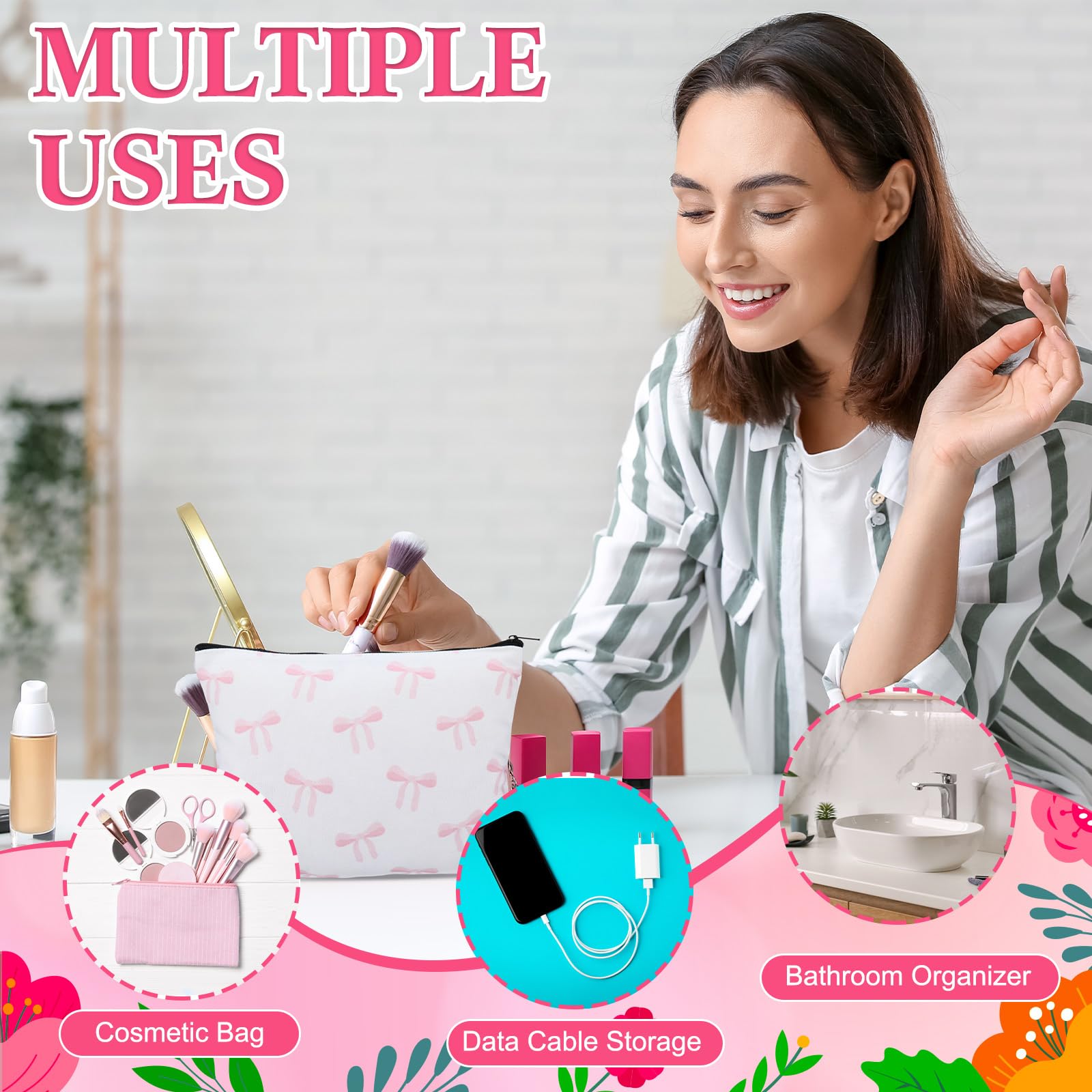 Reallnaive 18 Pcs Pink Bow Glass Cups With Lids Coquette Bow Cosmetic Makeup Bag Pink Hair Scrunchies Ties For Women Birthday We