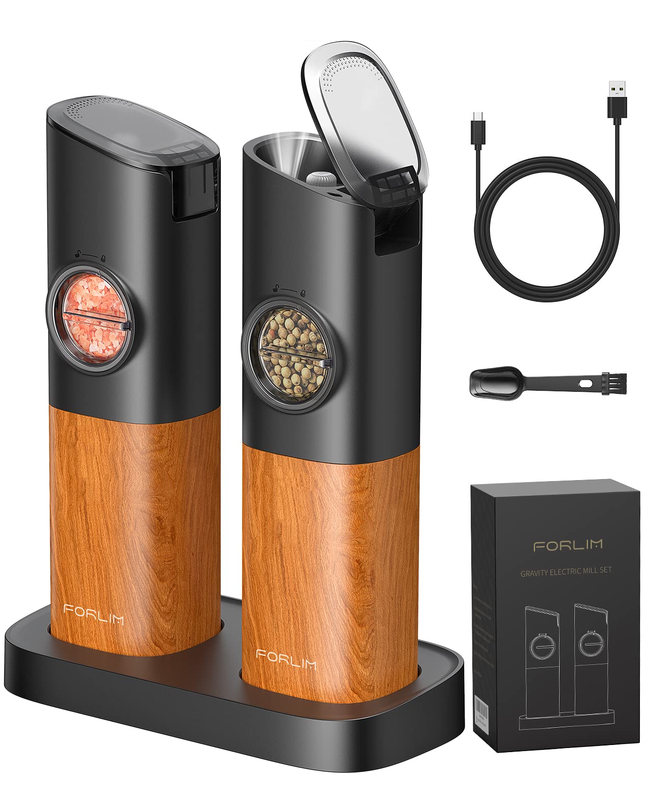 FORLIM Gravity Electric Salt and Pepper Grinder Set, Upgraded Large Capacity, USB Rechargeable Pepper grinder Automatic One Hand