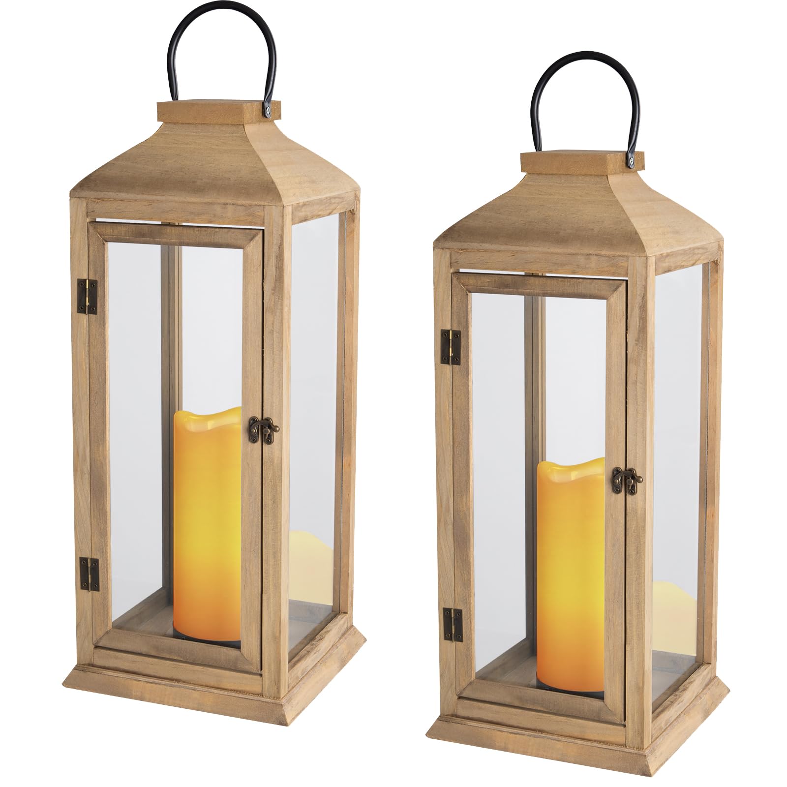 Bdor 2 Pack Large 22.5 Inch Decorative Lanterns with Flameless Pillar Candles, IP65 Waterproof Black Metal Lanterns for Home Dec