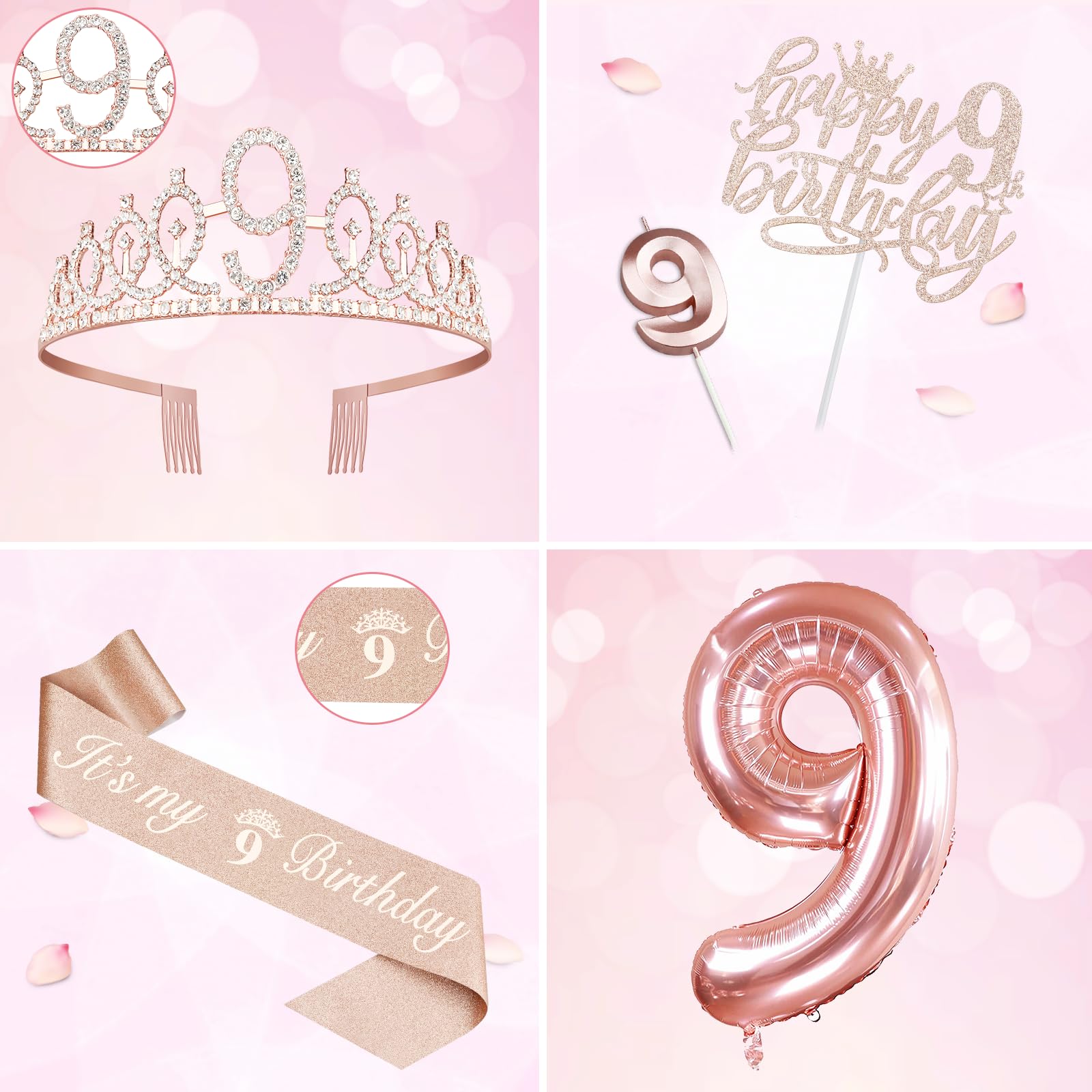 9Th Birthday Decorations For Girl Including 9Th Birthday Girl Sash And Tiara For Girls, 9 Birthday Candles And Cake Topper, 9 Ba