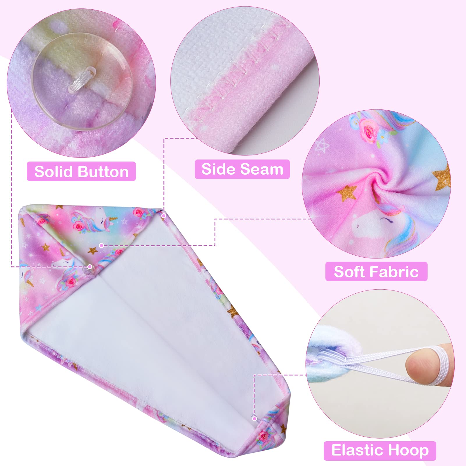 FIOBEE Microfiber Hair Towel Wrap for Kid Rapid Drying Towel Absorbent Hair Turbans for Wet Hair with Button Women Girls Long Cu