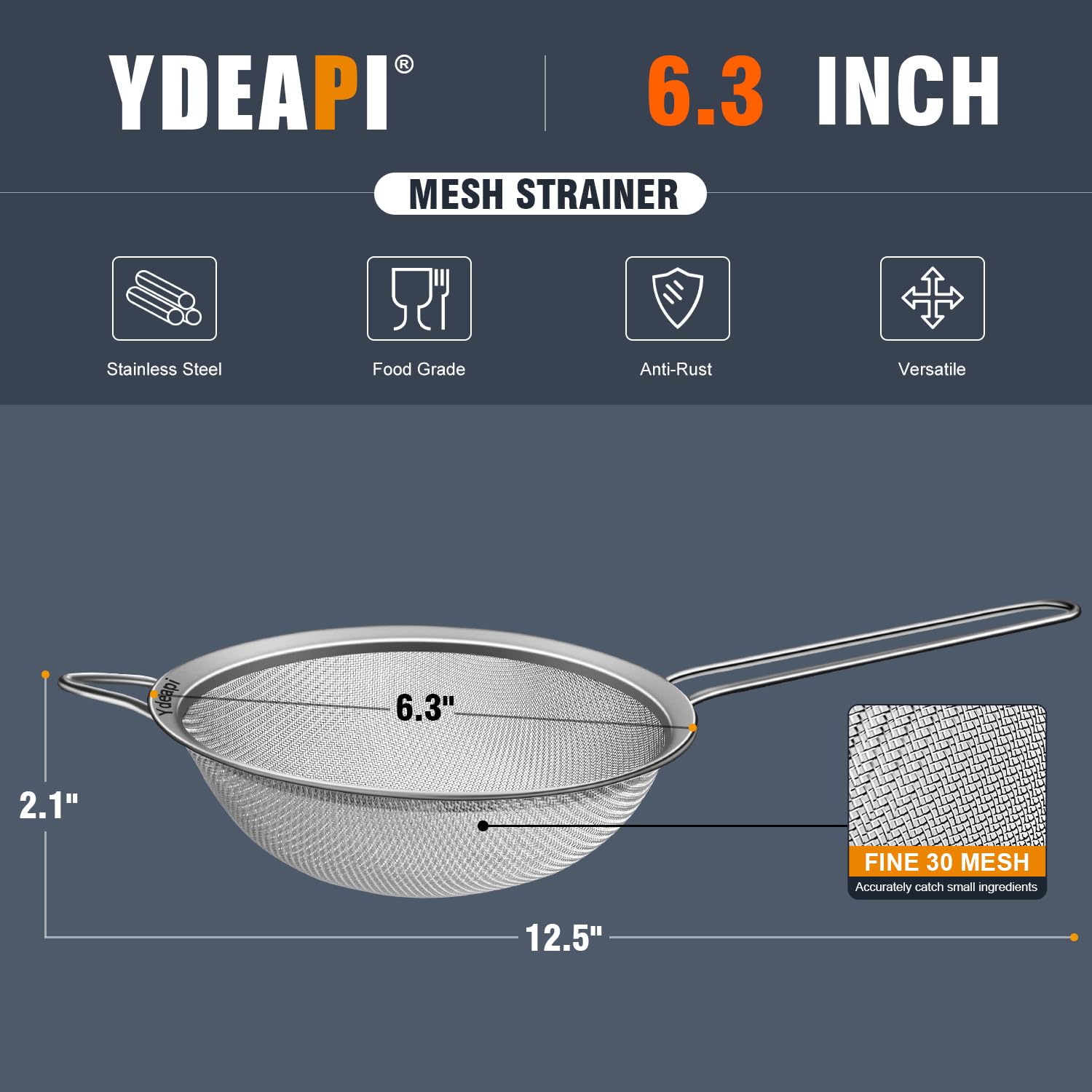 Ydeapi 6.3'' Fine Mesh Strainer With Handle, Metal Food Strainers For Kitchen, Sieve Fine Mesh Stainless Steel For Rice, Quinoa,