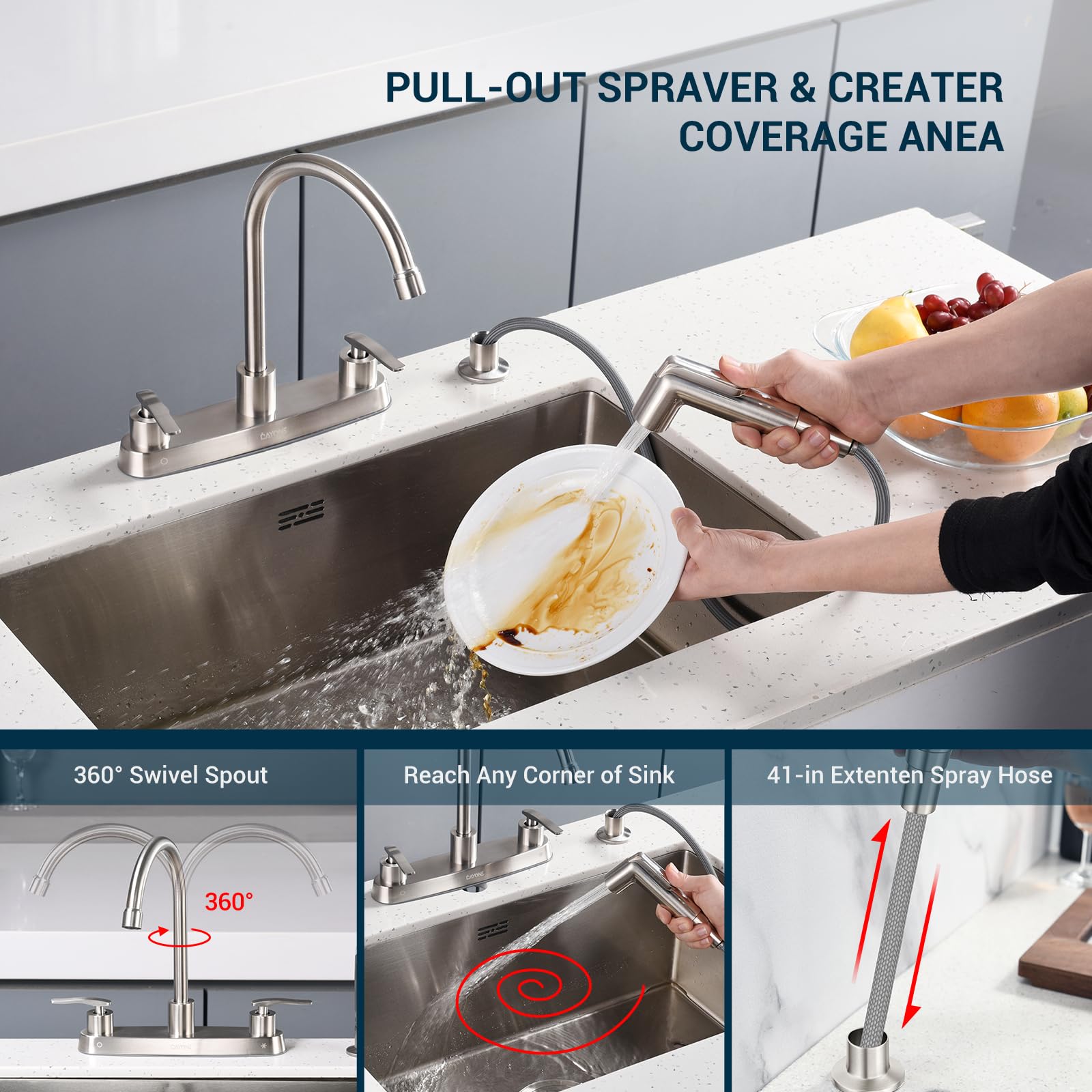 Dayone Kitchen Faucet With Side Sprayer 2 Handle Brushed Nickel, 8 Inches 4 Holes Centerset Kitchen Sink Faucet, Pull Out Stainl