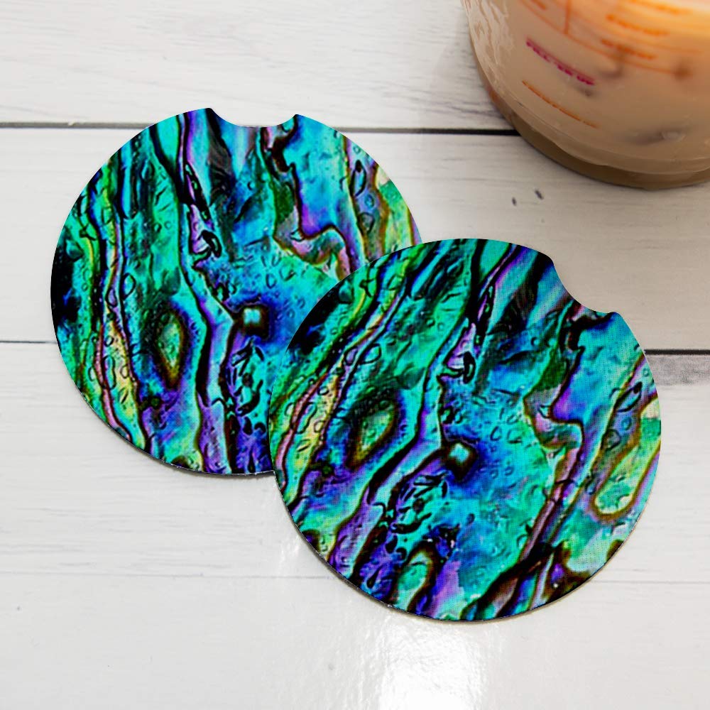 Teal Abalone Car Coasters For Drinks Set Of 2 - Perfect Car Accessories. Coaster Measures 2.56 Inches With Rubber Backing And Fa