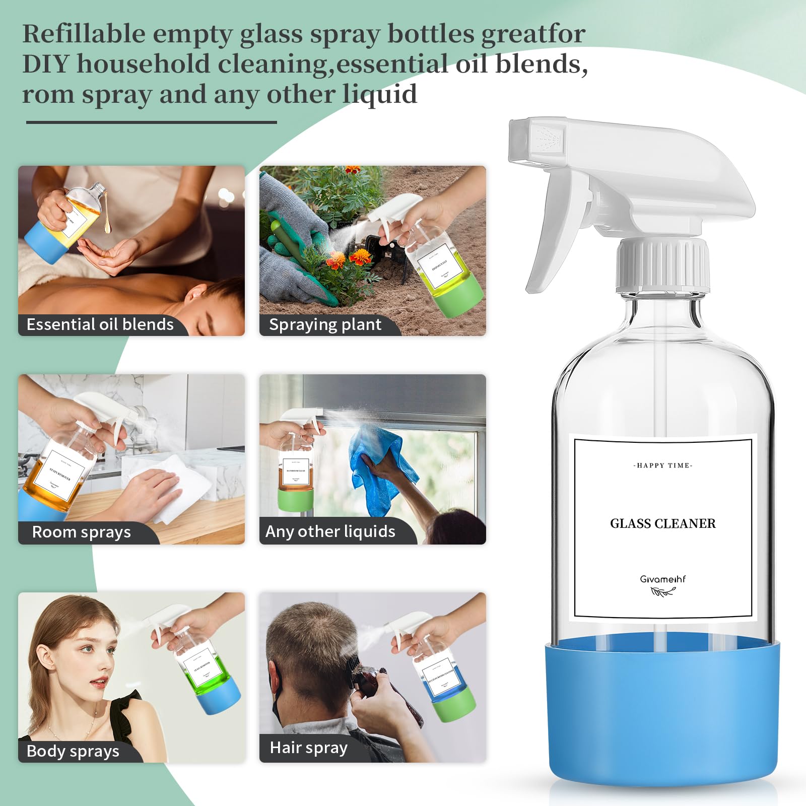 Givameihf 2 Pack Glass Spray Bottles With Silicone Sleeve,16Oz Clear Glass Spray Bottles Refillable Empty Bottle With Adjustable