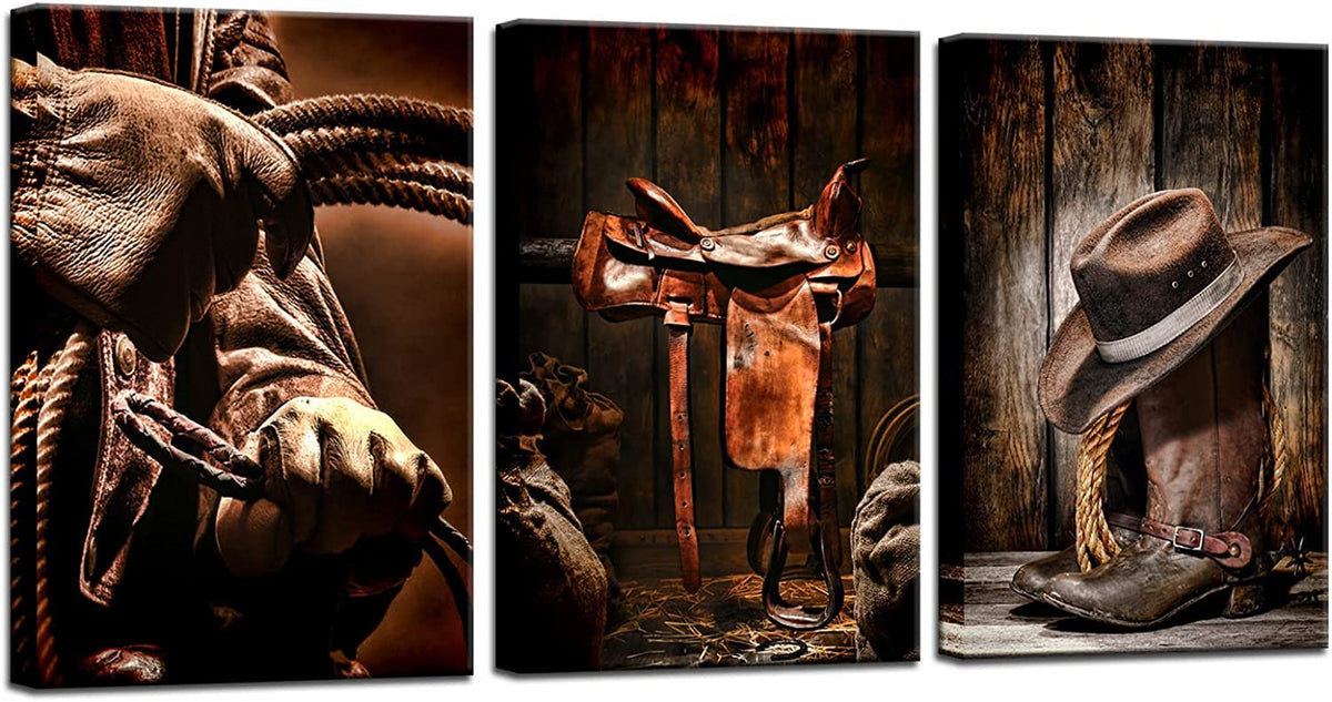 Biuteawal - 3 Pieces Canvas Prints American West Rodeo Cowboy Wall Art Painting Brown Straw Hat On Leather Rancher Roper Boots P