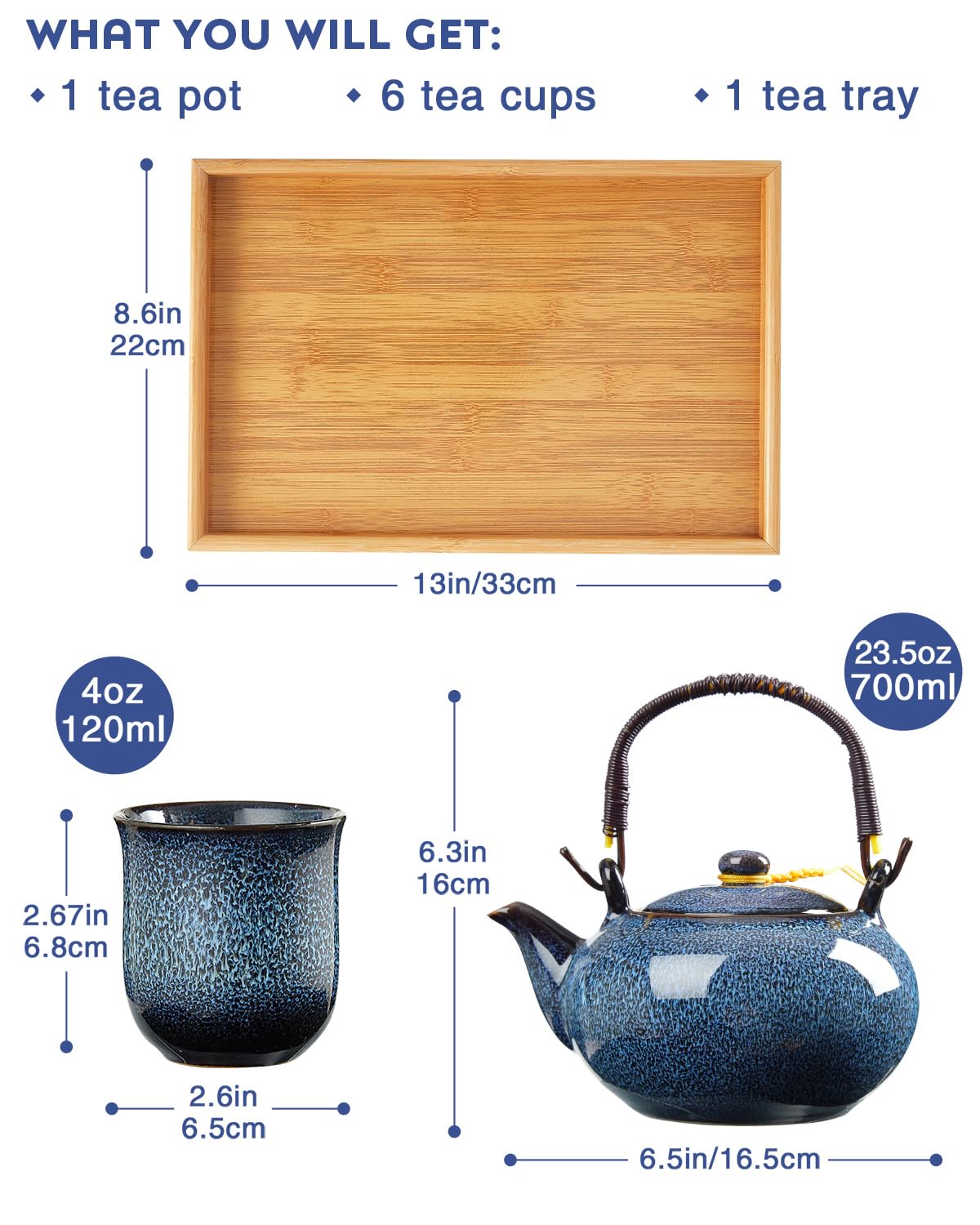 DUJUST Japanese Tea Set for 6  Kiln Altered Glaze Porcelain Tea Set with 1 Teapot  6 Tea Cups & 1 Tea Tray  Unique Chinese Tea Set for Adults/Tea Lovers/Women/Men  Blue
