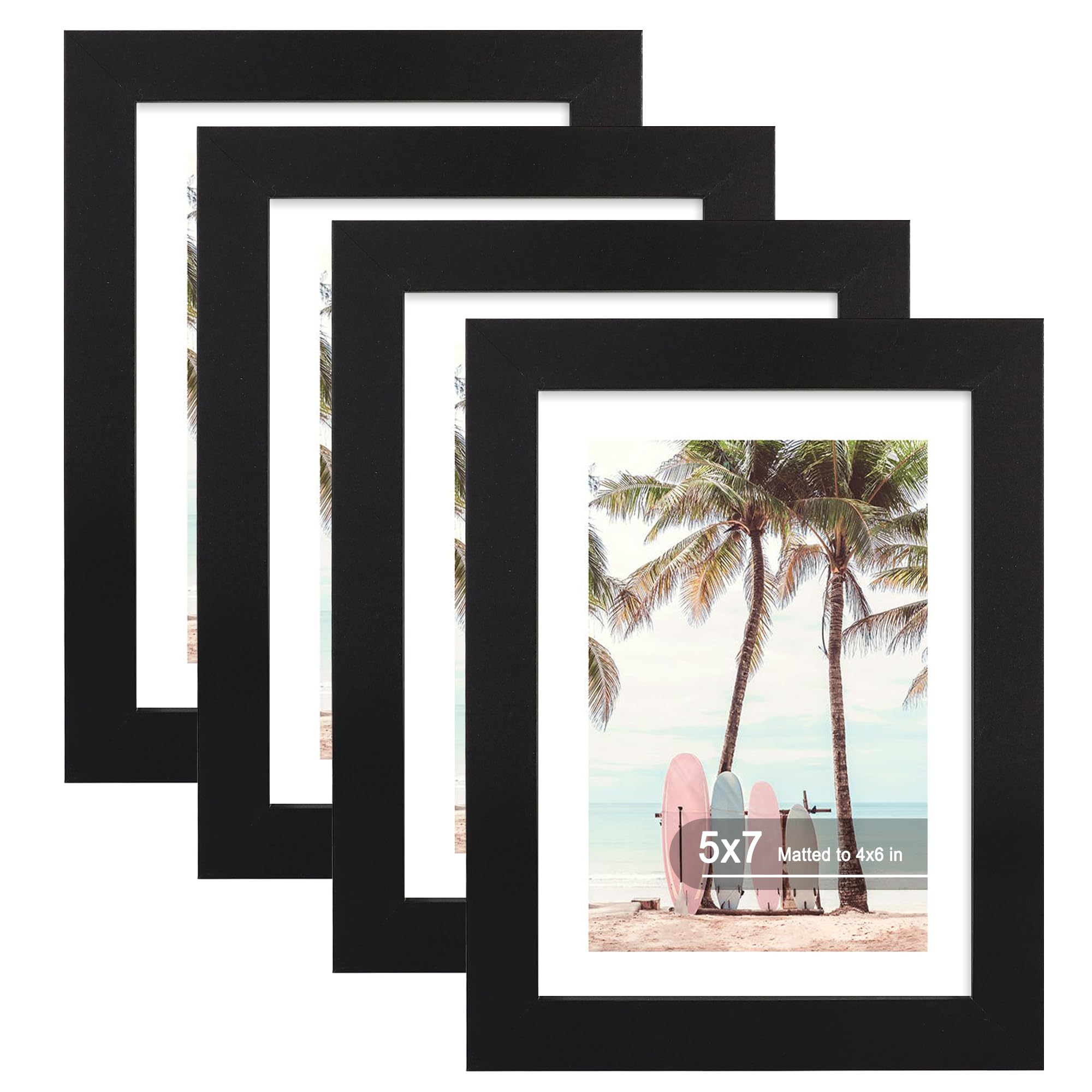 Hongkee 5x7 Picture Frame (4 Pack, Black) Made of Real Glass and Wooden Frame - Display Pictures 4x6 with Mat or 5x7 Without Mat