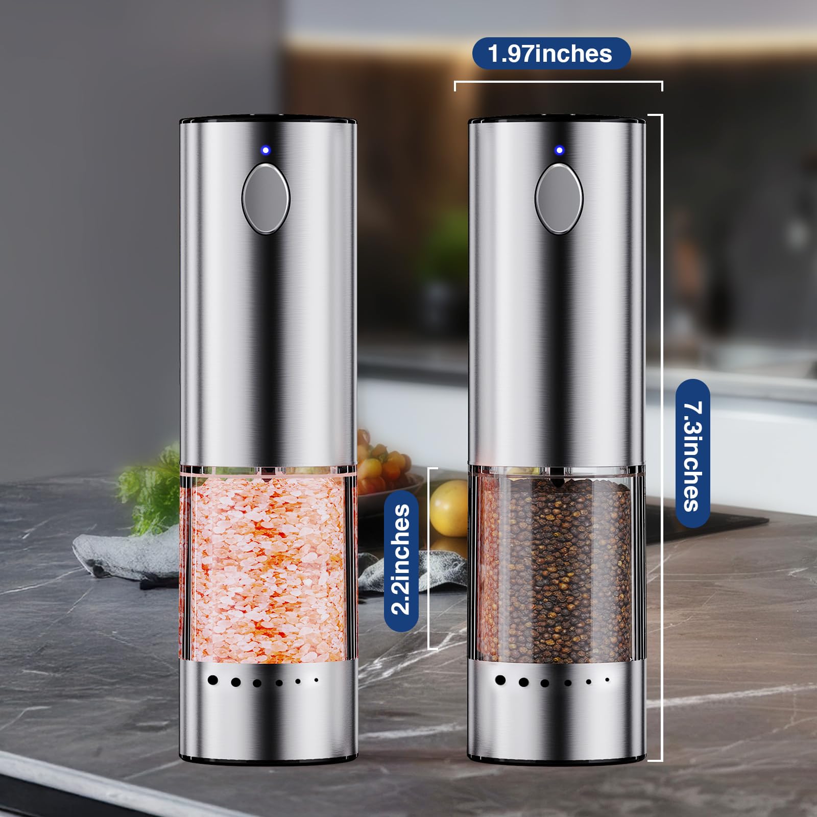 Homehacks 2 Pack Rechargeable Electric Salt And Pepper Grinder Set With Led Light, Stainless Steel Grinder Mill With Upgraded La