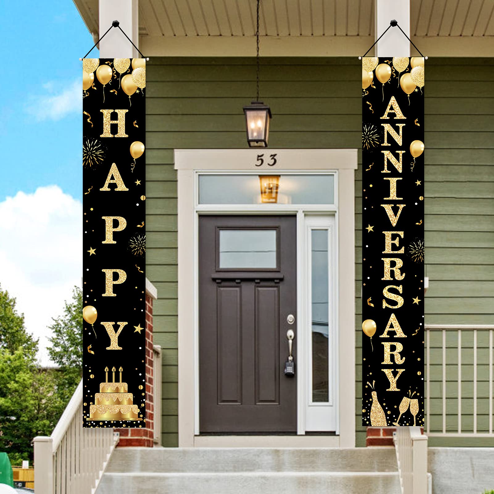Wedding Anniversary Decorations Door Banner, Black Gold Happy Anniversary Banner Sign Party Supplies, Anniversary Party Welcome