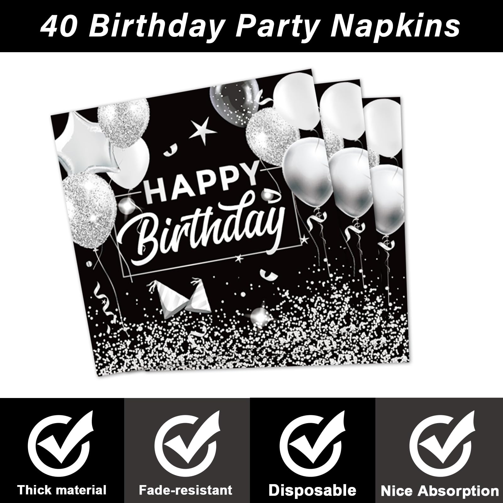 Obusatt 96Pcs 40Th Birthday Plates And Napkins Party Supplies Black And White Silver 40Th Happy Birthday Party Decorations 40Th