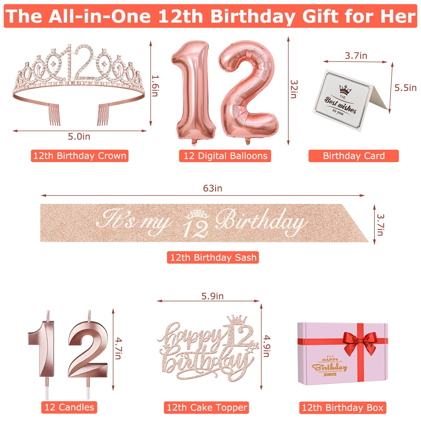 12Th Birthday Decorations For Girls Including 12Th Birthday Sash, Crown/Tiara, Candles And Cake Toppers, Number 12 Balloons, Ros