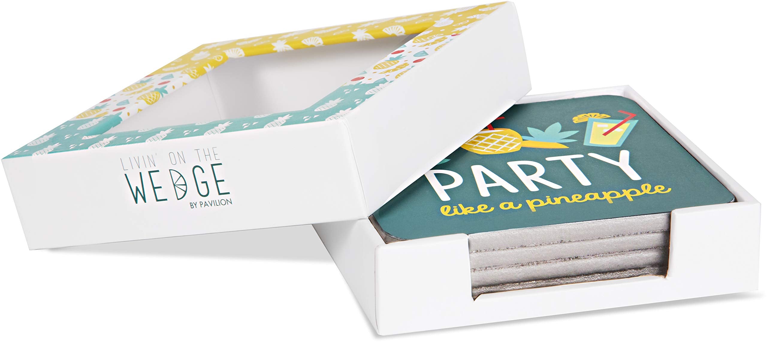 Pavilion Gift Company Pineapple Punch Coaster Set, 4 x 4 Inch, Green, White, Yellow, Red