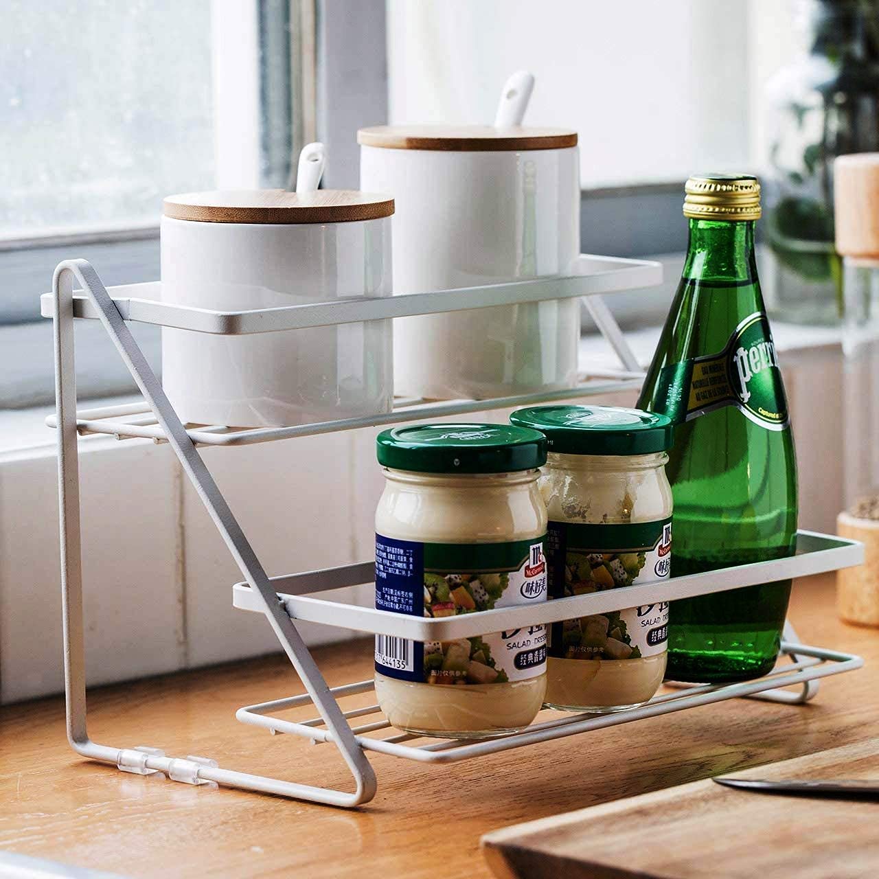Naoe Metal 2 Step Countertop Step Shelf Kitchen Rack For Spice Storage Container (White)