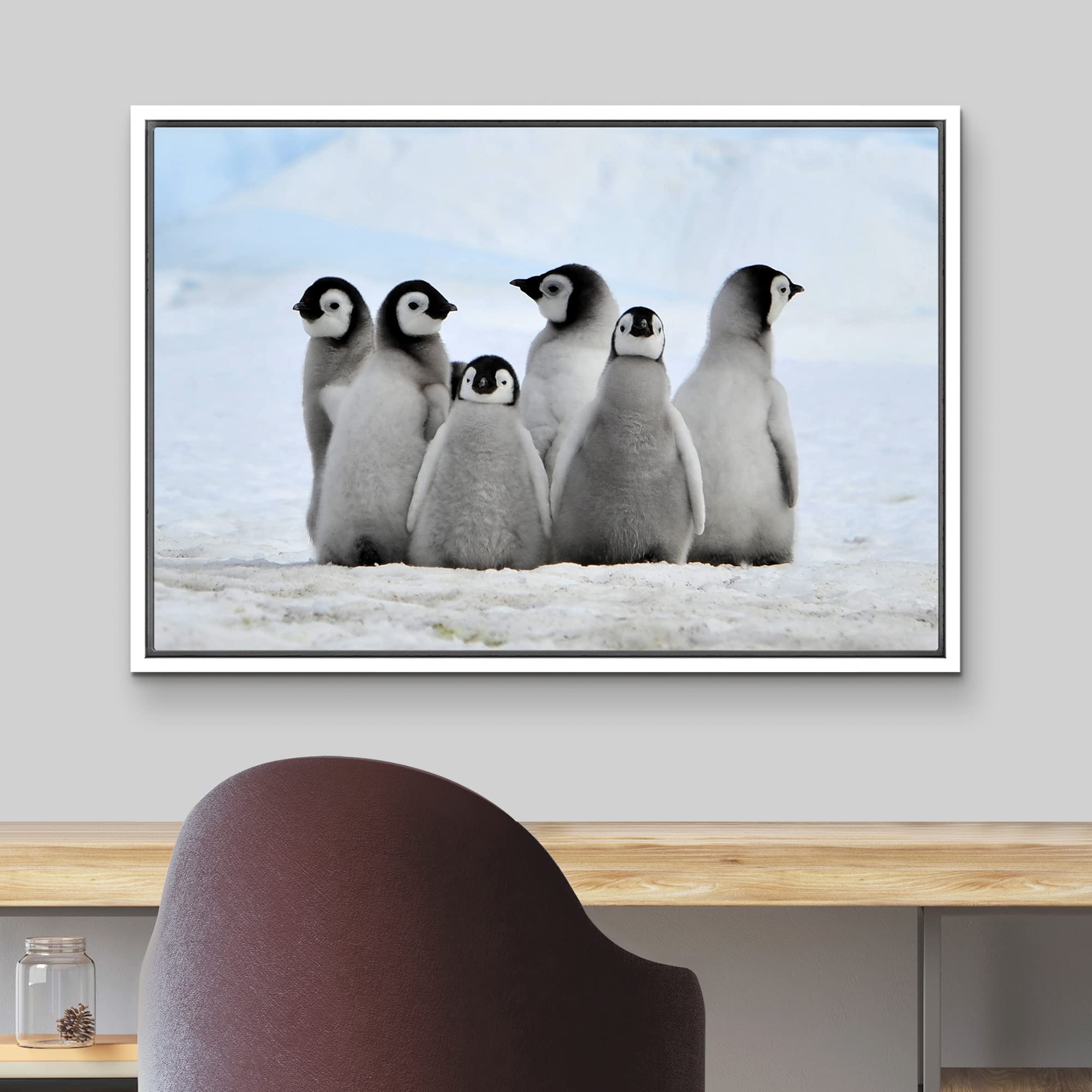 Wall26 - Framed Canvas Wall Art - Little Penguins - Giclee Print Gallery Wrap Modern Home Art Ready To Hang - 24''X36'' White