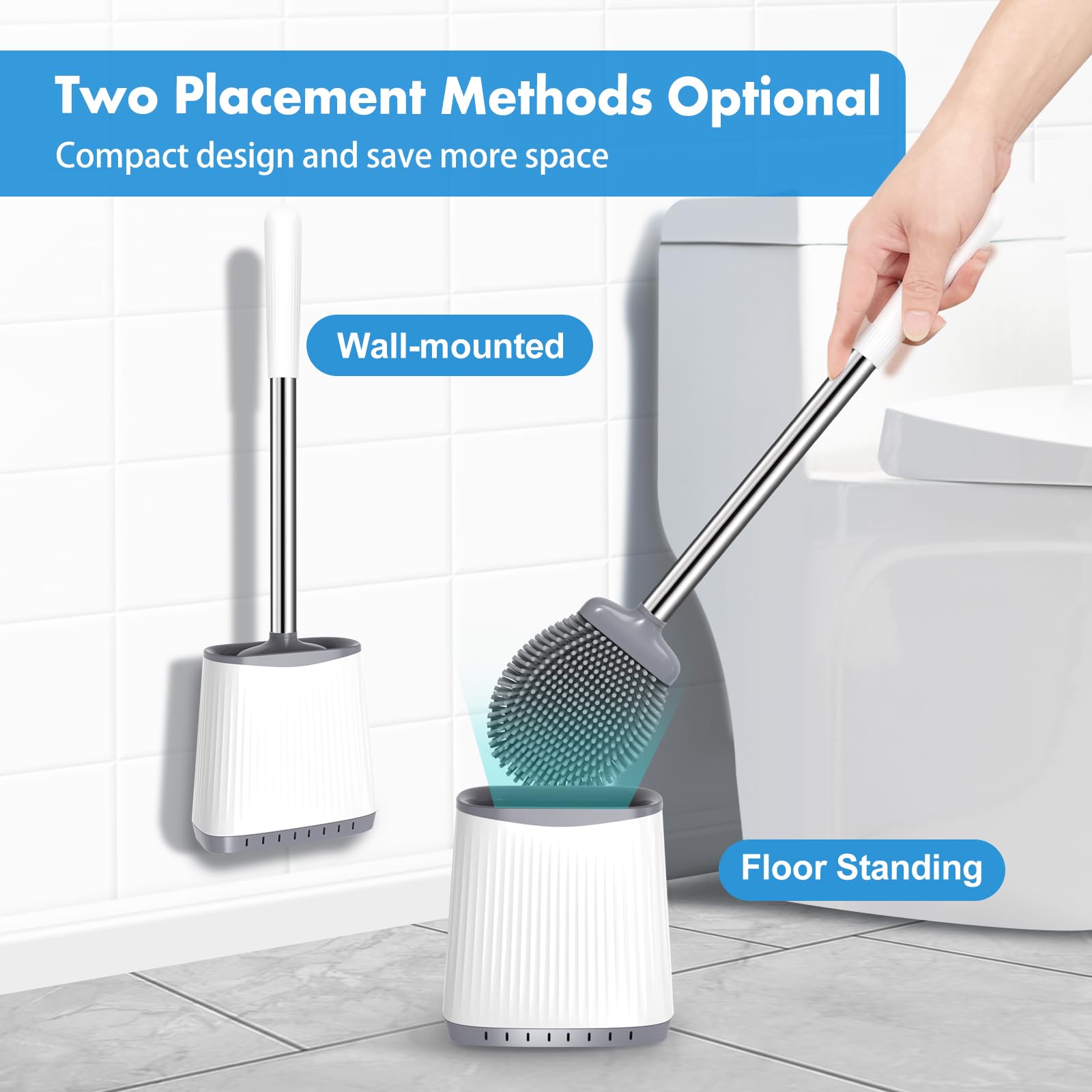 Toilet Brush, Silicone Toilet Brush And Holder, Flexible Toilet Bowl Brush Head With Ventilated Holder, Wall Mounted Compact Toi