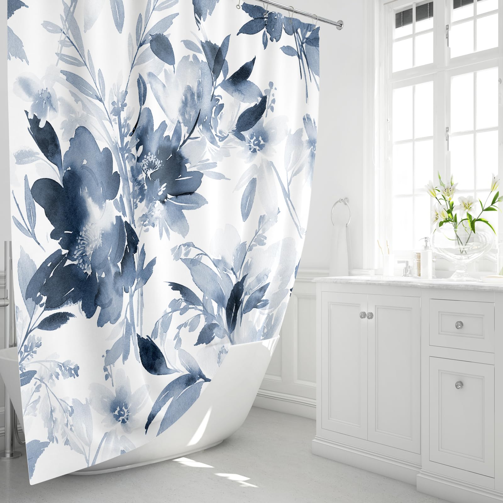 Mayzus Long Shower Curtain 72 X 78 Inch, Tall Watercolor Floral Fabric Shower Curtain, Modern Abstract Navy Blue Flower Bathroom
