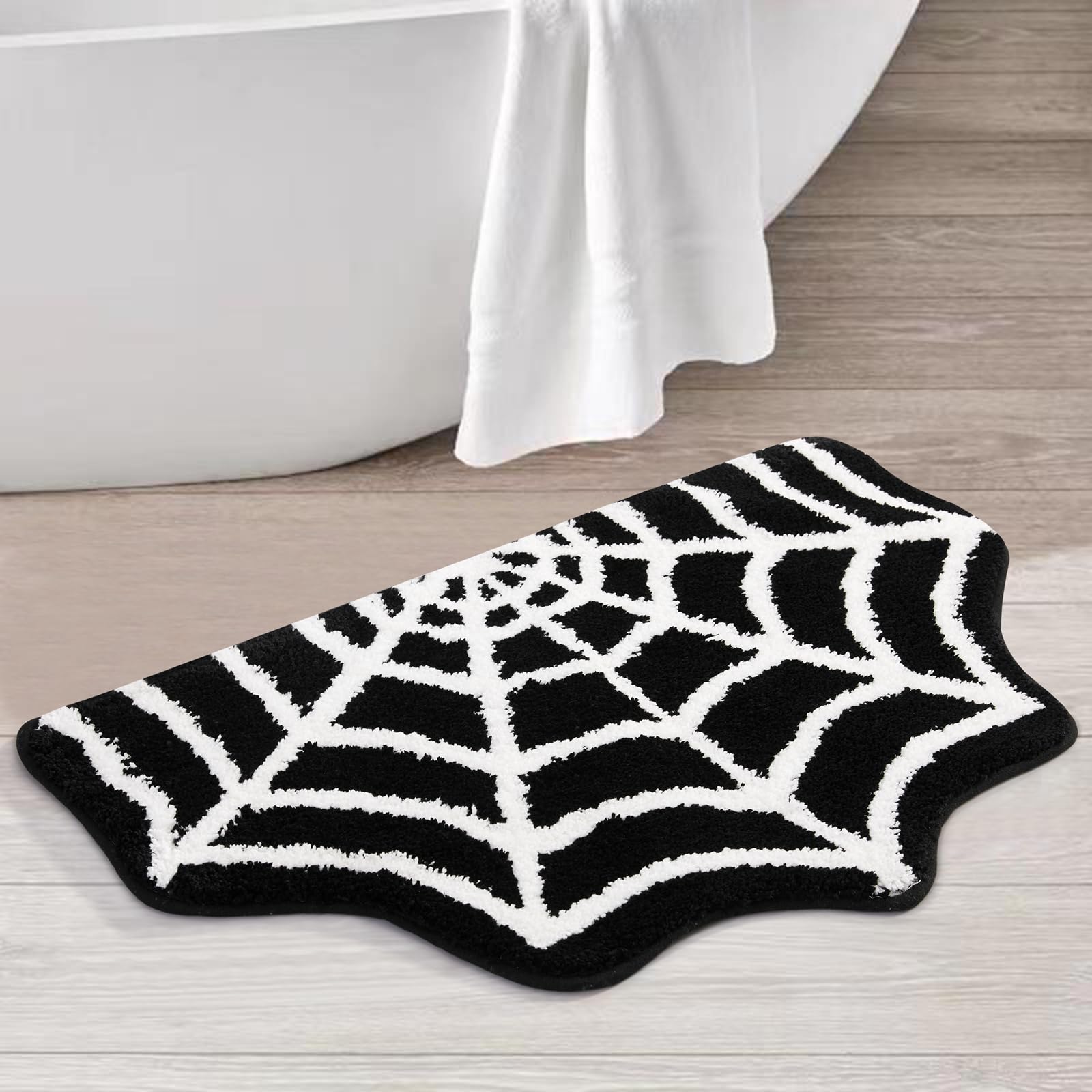 Estmy Gothic Bath Mat Spider Web Black Halloween Bathroom Rugs Non Slip Machine Washable, Funky Spooky Cute Fun Bath Mat Shower