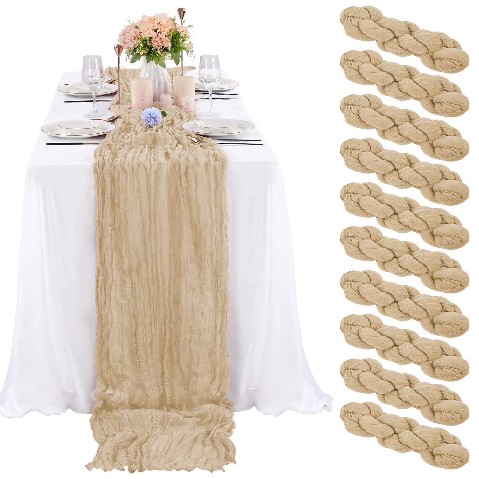 10 Pcs Beige Cheesecloth Table Runner 10Ft, Gauze Table Runner For Wedding Reception Sheer Bridal Shower Birthday Party Boho Tab