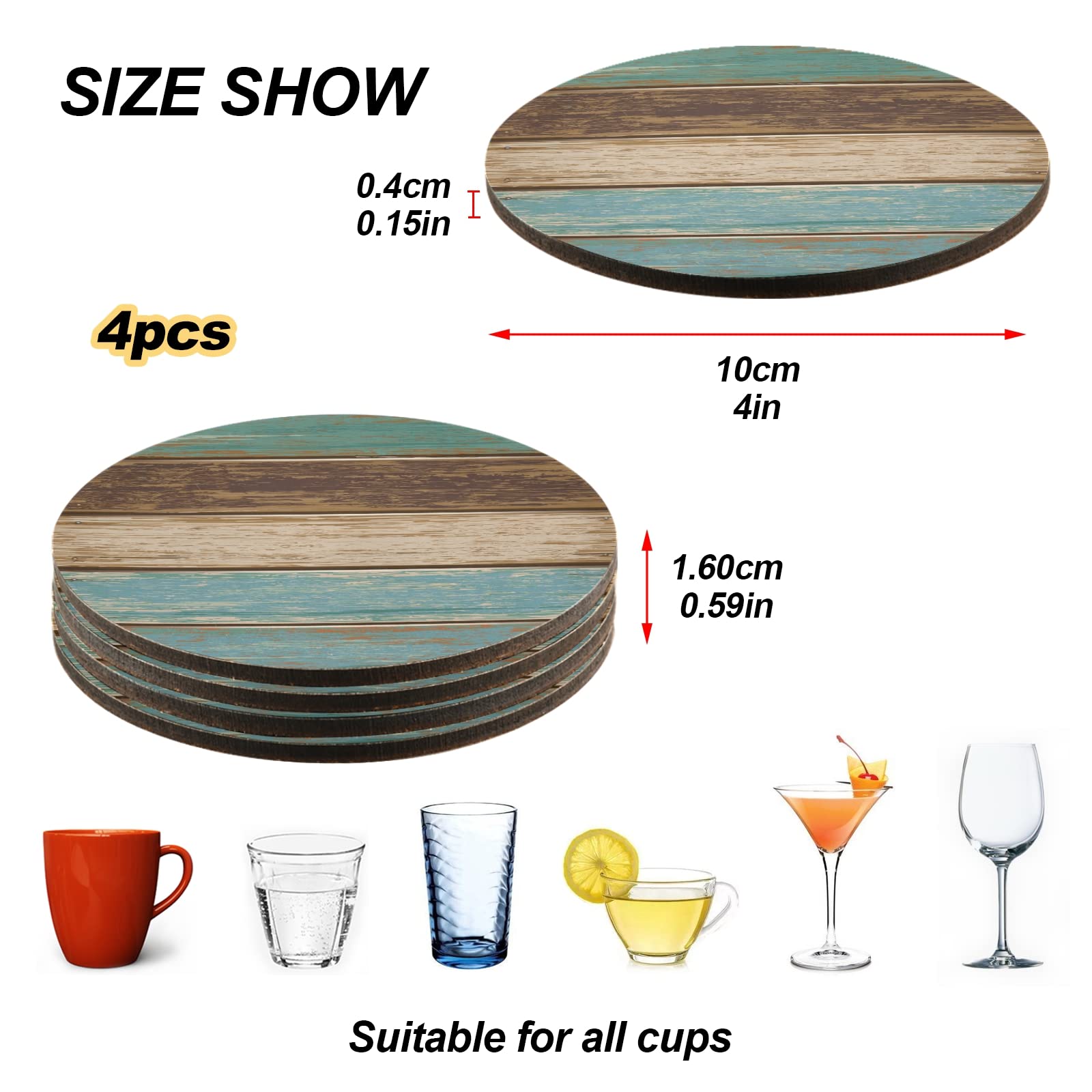 Teal Green Brown Retro Rustic Wood Pattern Drinks Coasters, Non-Scratch Cork Base Round Cups Mats For Home Kitchen Bar Decor