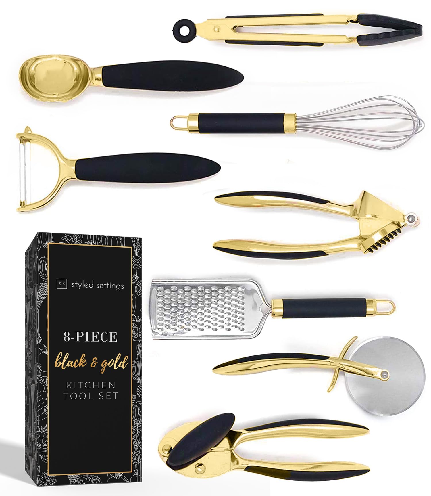 Black And Gold Kitchen Utensils - Luxe 8-Piece Gold Kitchen Tools Set With Can Opener, Pizza Cutter, Peeler, Mini Whisk, And Ton