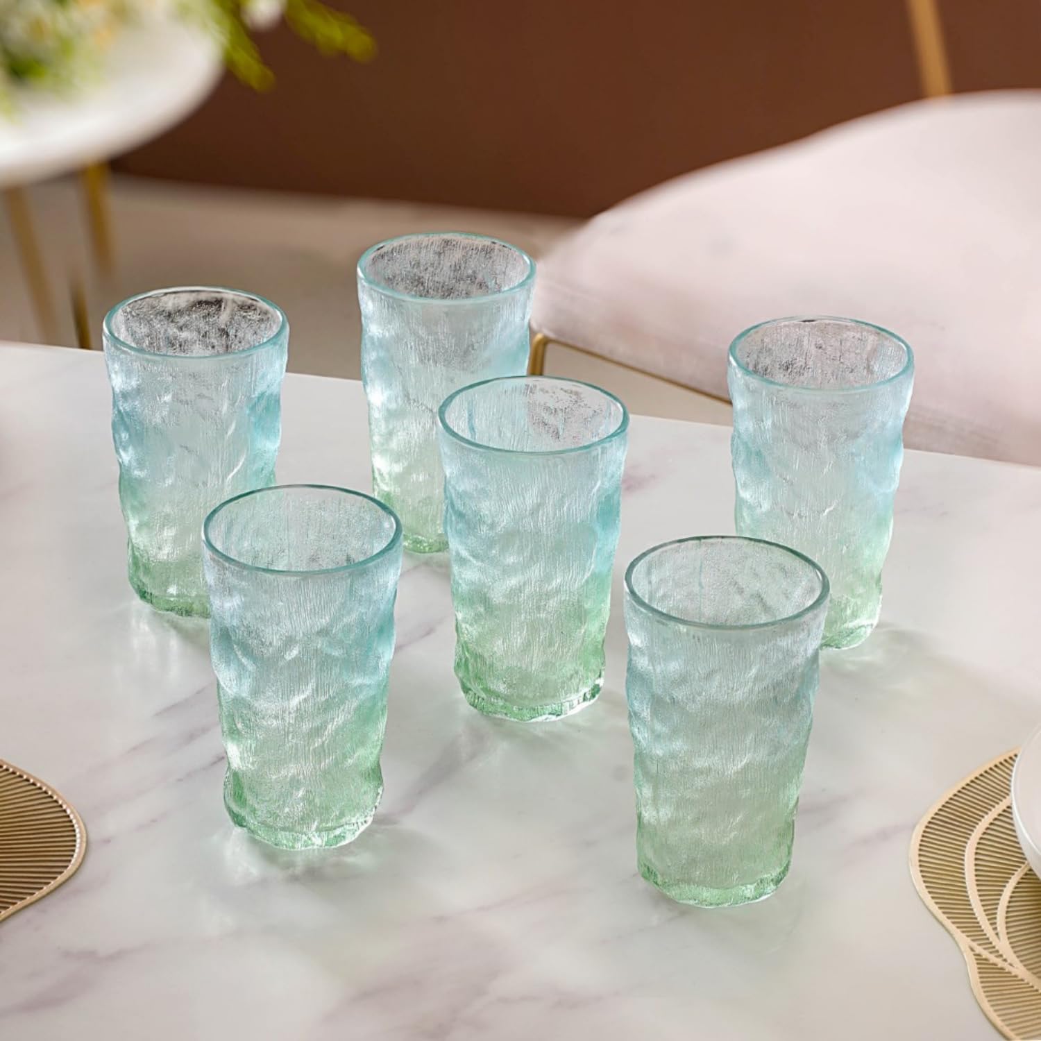Nestasia Tall Glasses Set of 6, Food-Safe and Lead-Free Tumbler, Ombre Glacier Tempered Glassware, 350ml each