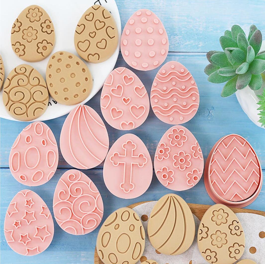 10 Pieces Cute Easter Egg Cookie Cutters Plastic Cookie Stamps Cookie Mould Press Easter Cookie Mould Set Baking Kitchen Tools(E