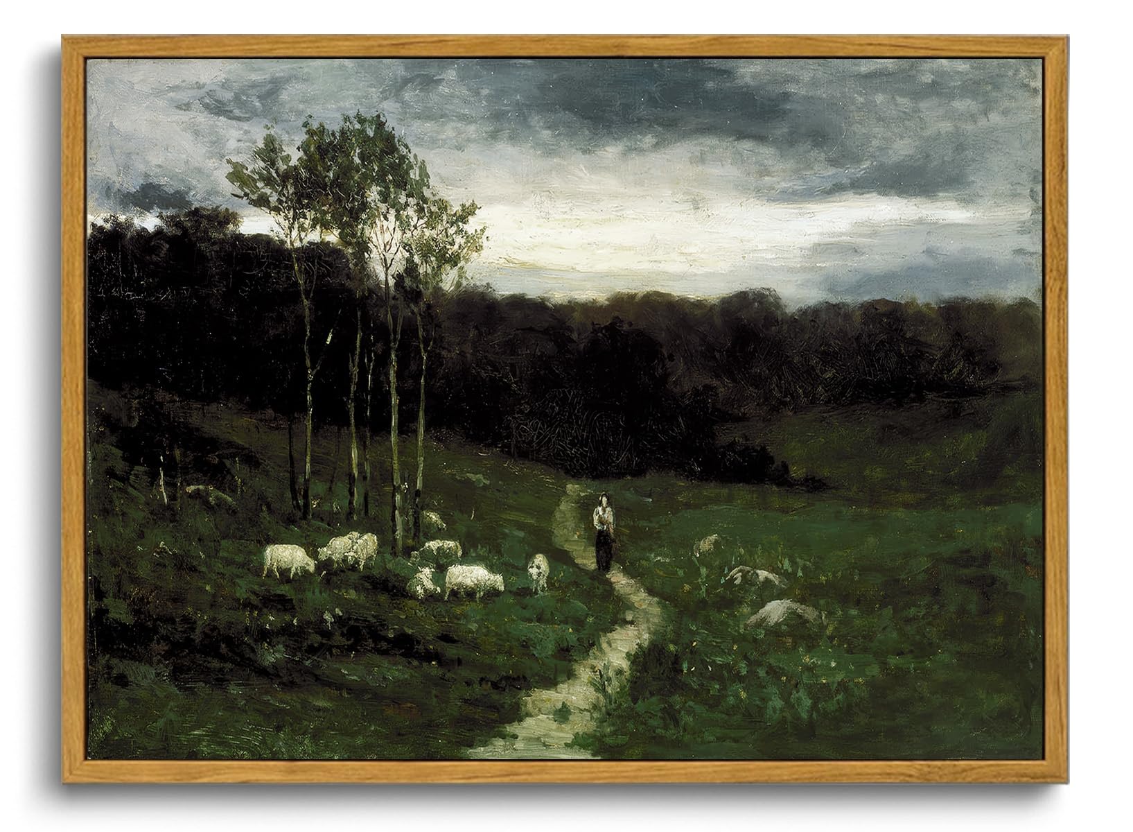 OIQArtOIQ Framed Vintage Landscape Wall Art Shepherd Natural Scenery Oil Painting Canvas Prints Country Farmhouse Aesthetic Deco