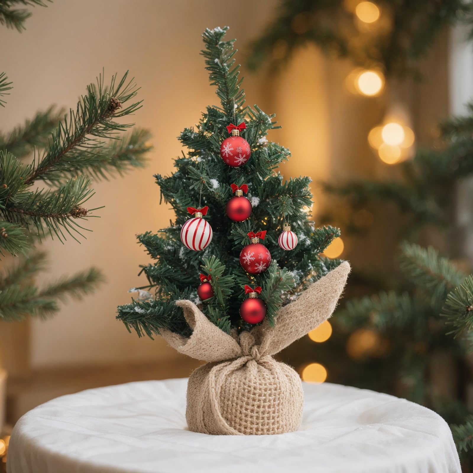 Tabletop Mini Artificial Christmas Tree 6.7 Inch - Realistic PE Branches with Burlap Base, Non-Lit, Compact Xmas Holiday Decor f