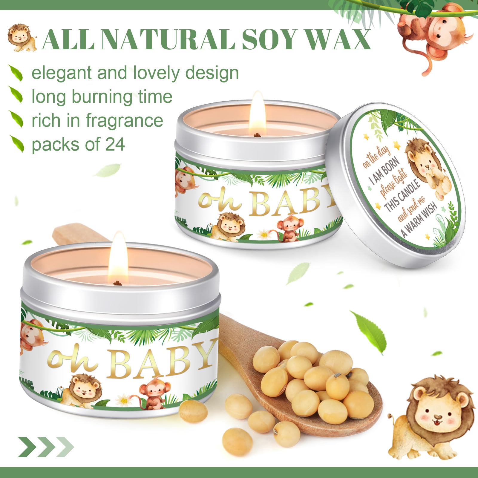 MTLEE 24 Pcs Jungle Animal Baby Shower Party Favors Candles Lavender Scented Baby Shower Favors for Guests Rustic Tealights Cand