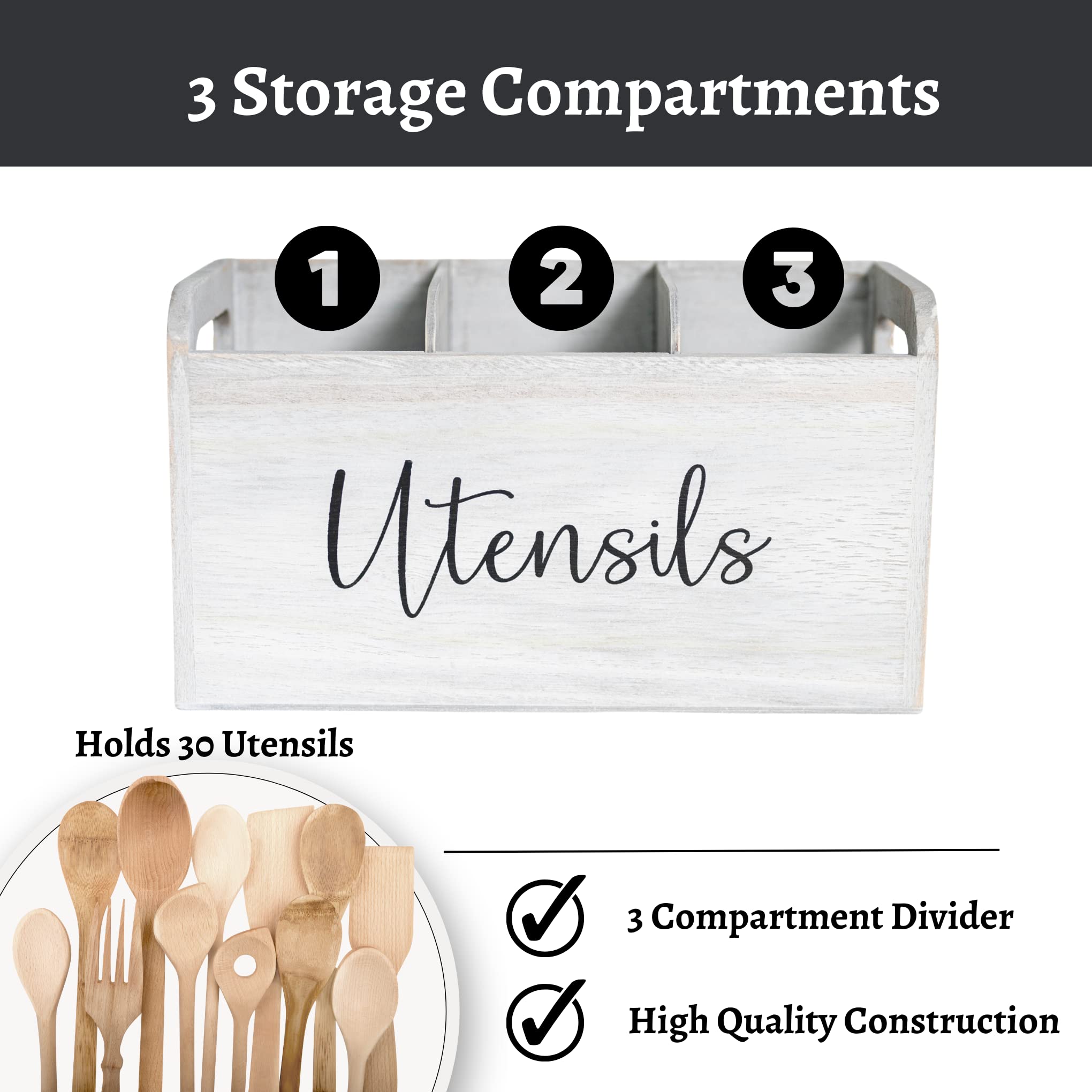 Elevated Haven White Kitchen Utensil Holder |3 Compartments 12In X 5In X 7In | Wooden Utensil Holder | Utensil Holder For Counte