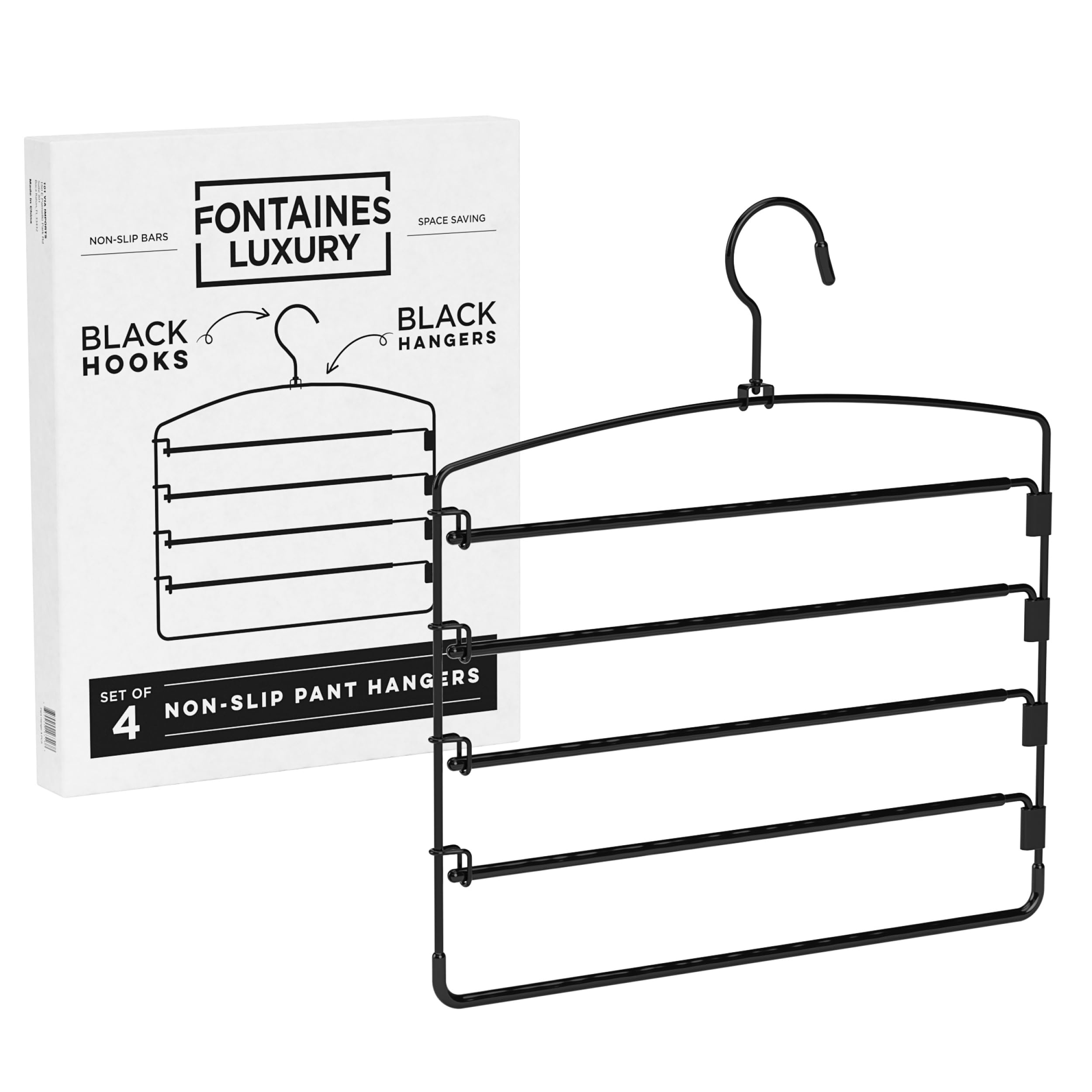 Fontaines Luxury 5 Tier Pants Hangers 4 Pack - Ultra Slim & Space Saving - Heavy Duty Metal Swivel Hook With Swing Arm For Cloth