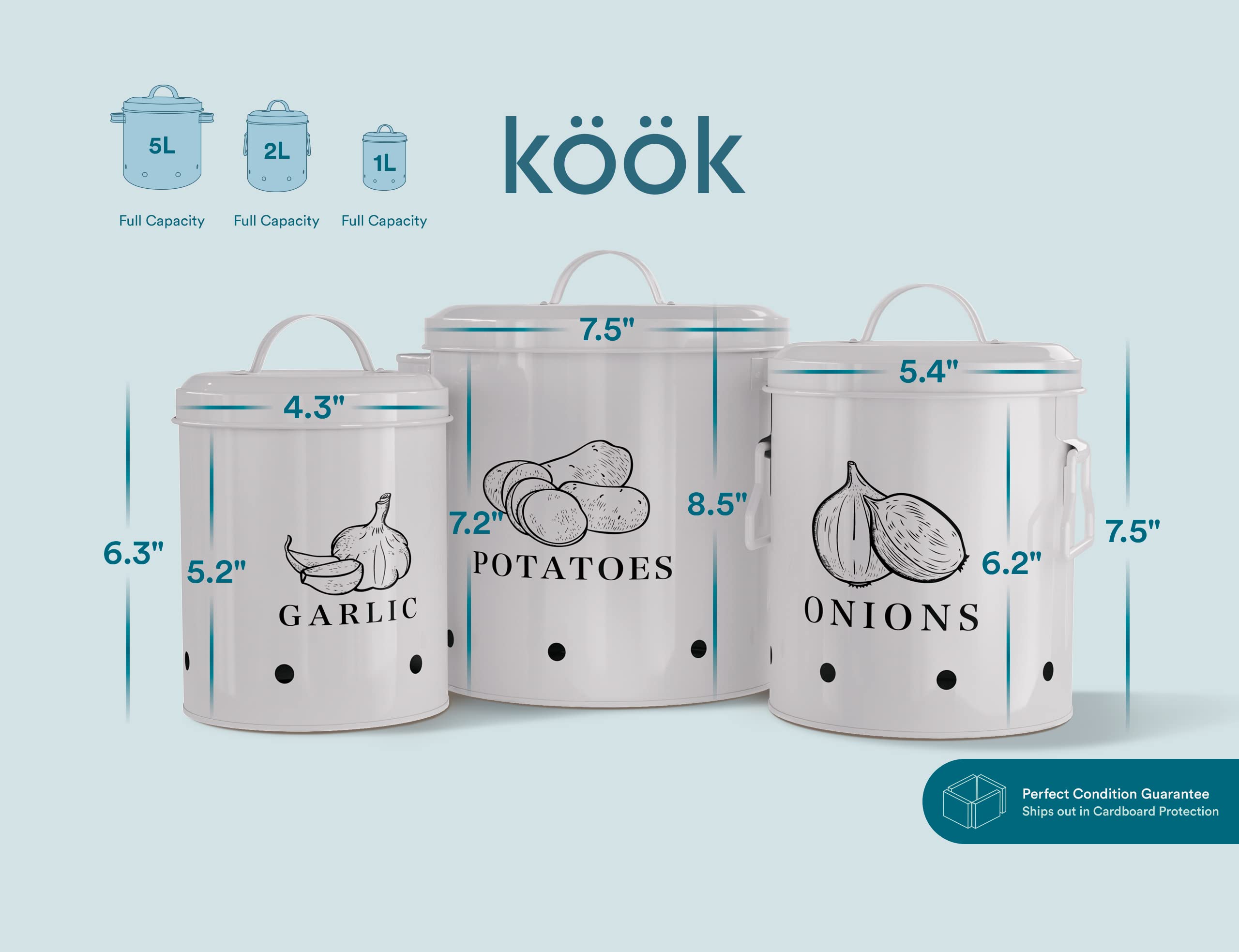 Kook Potato, Onion & Garlic Kitchen Storage Canisters, Rustic Farmhouse Containers With Aerating Holes, Vintage Vegetable Tins,
