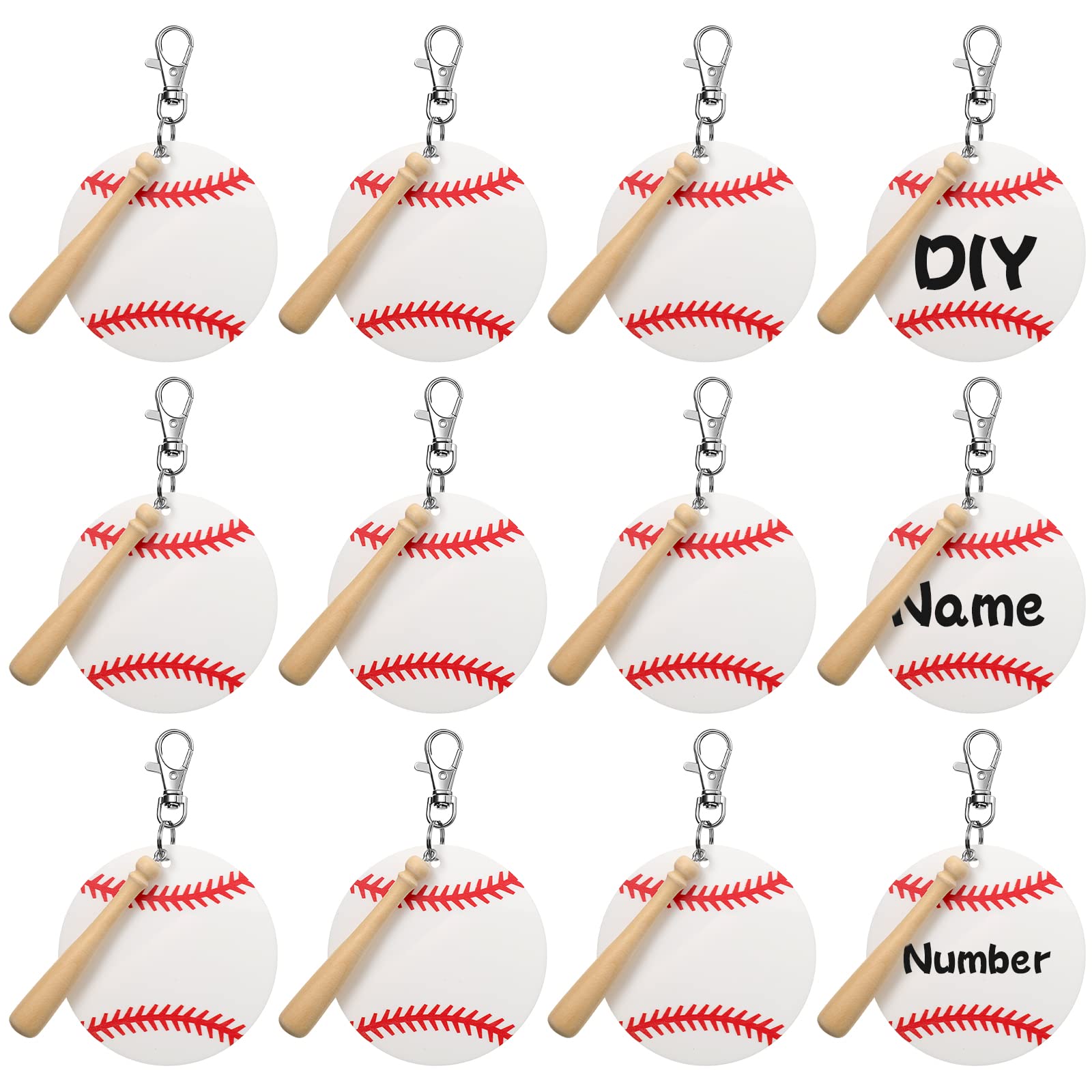 Cunno 36 Pcs Basketball Baseball Softball Tennis Acrylic Keychain Blank Kit 12 Acrylic Keyring 12 Swivel Snap Hook Keychain(Whit