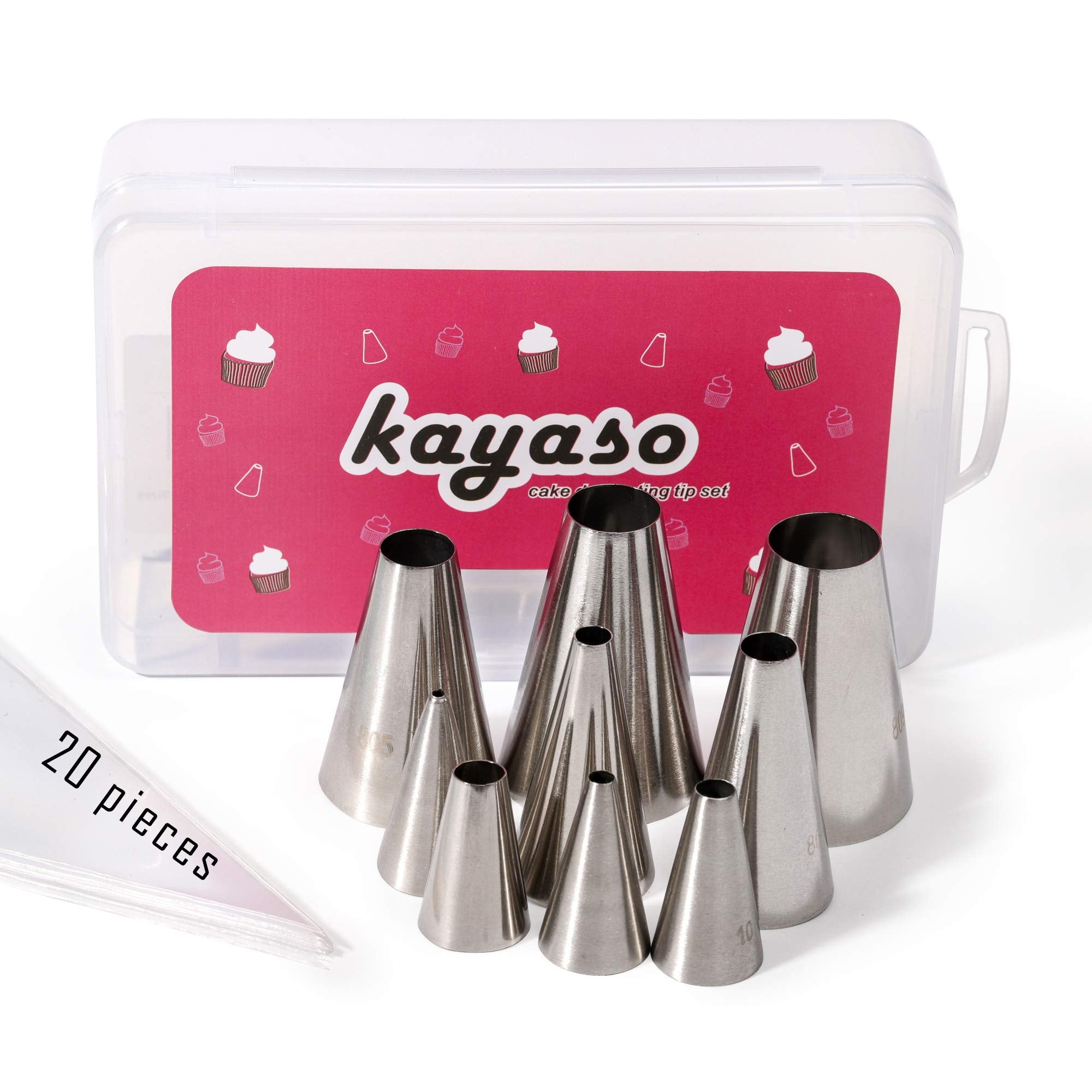 Kayaso 9 Piece Round Piping Tip Set With 20 Disposable Decorating Bags, Stainless Steel Pastry Tips, Graduated Sizes