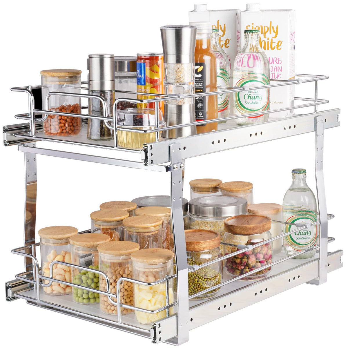 Vevor 2 Tier 13''W X 21''D Pull Out Cabinet Organizer, Heavy Duty Slide Out Pantry Shelves, Chrome-Plated Steel Roll Out Drawers
