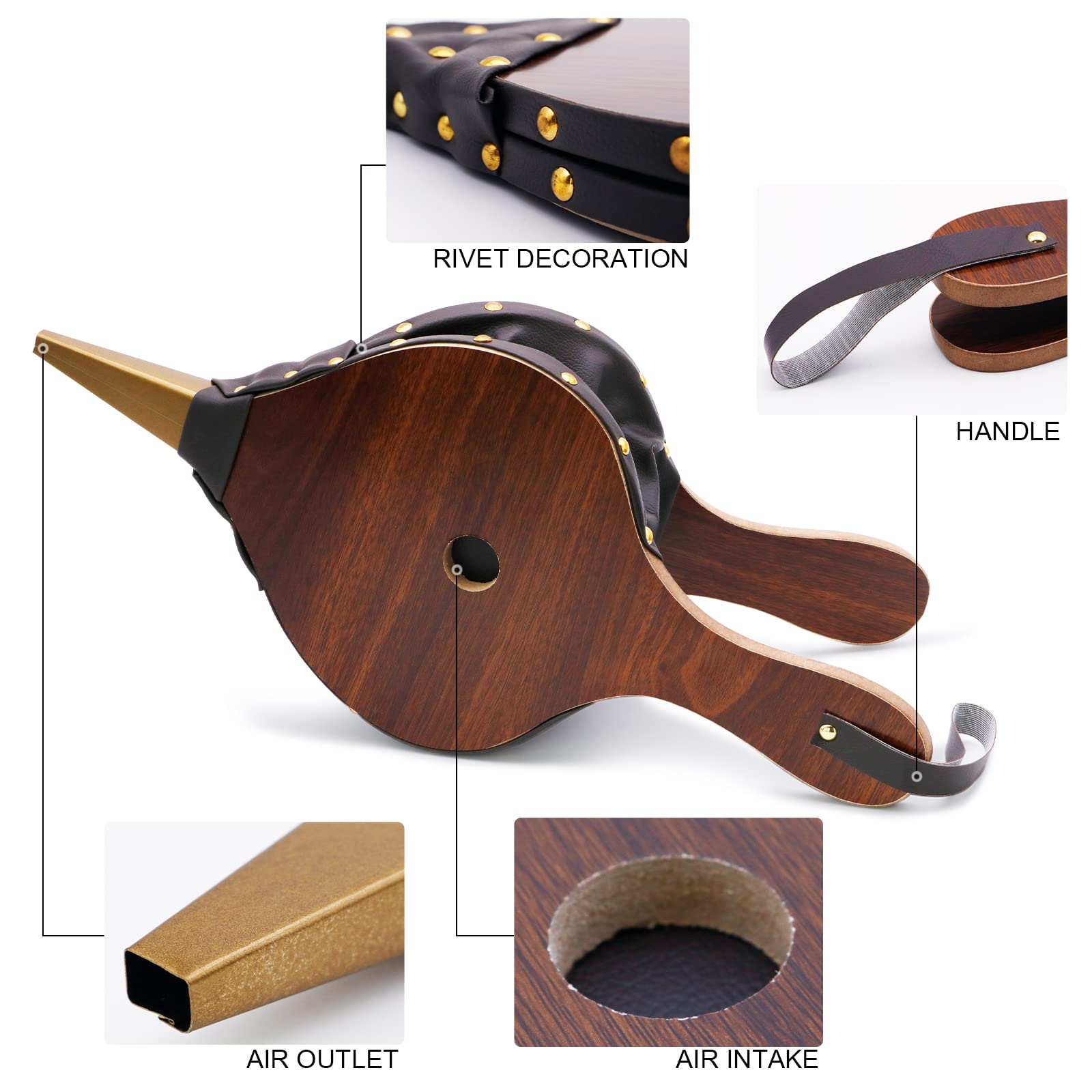 Wood Fireplace Bellows 17''x7.5'' with Hanging Leather Strap  Brown Air Bellower for Outdoor BBQ and Camping