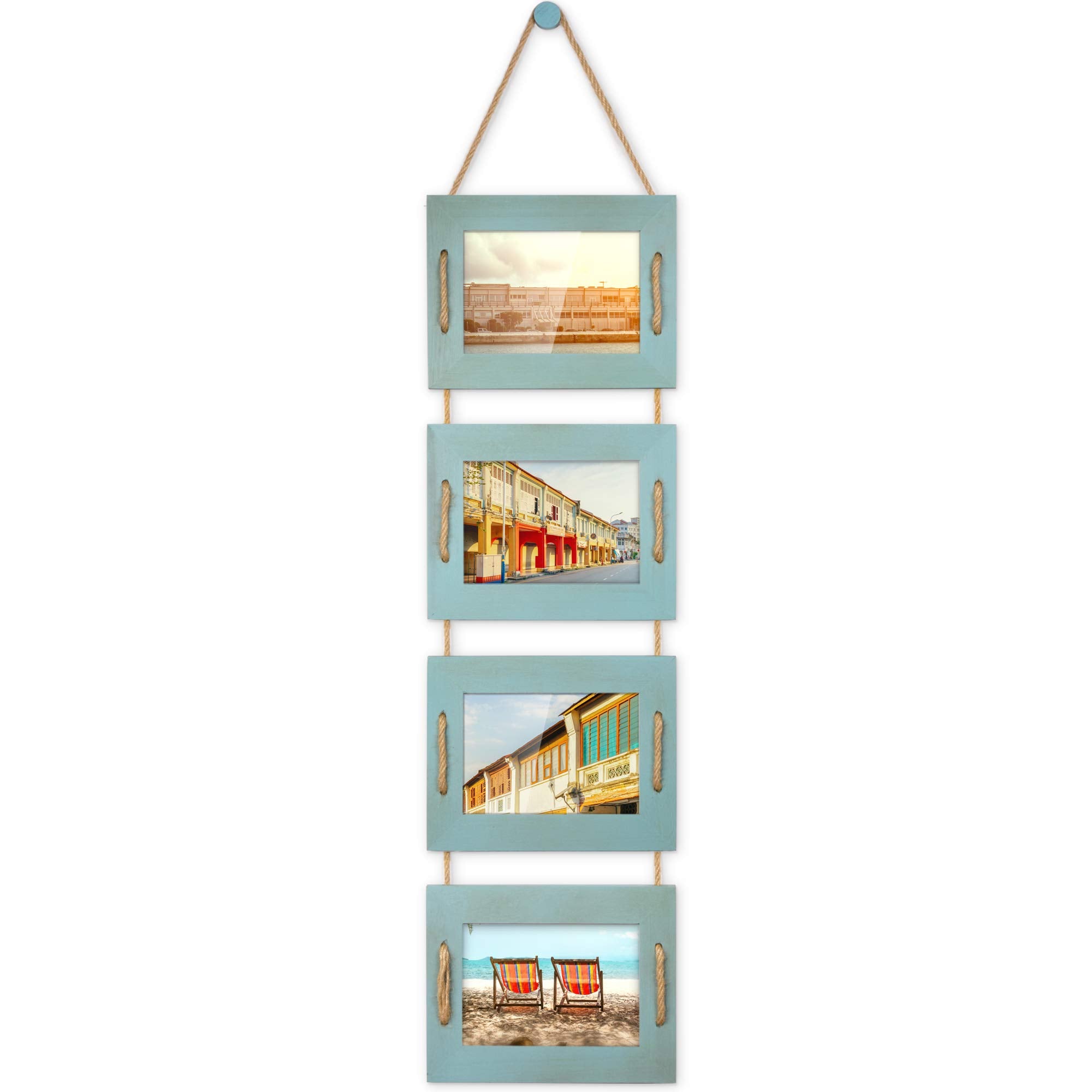 DLQuarts 5x7 Hanging Picture Frames Collage Wall Decor, 4-Opening 5x7 Matted to 3.5x5 Photo Rustic Wood Frame with Hemp Rope, 1 