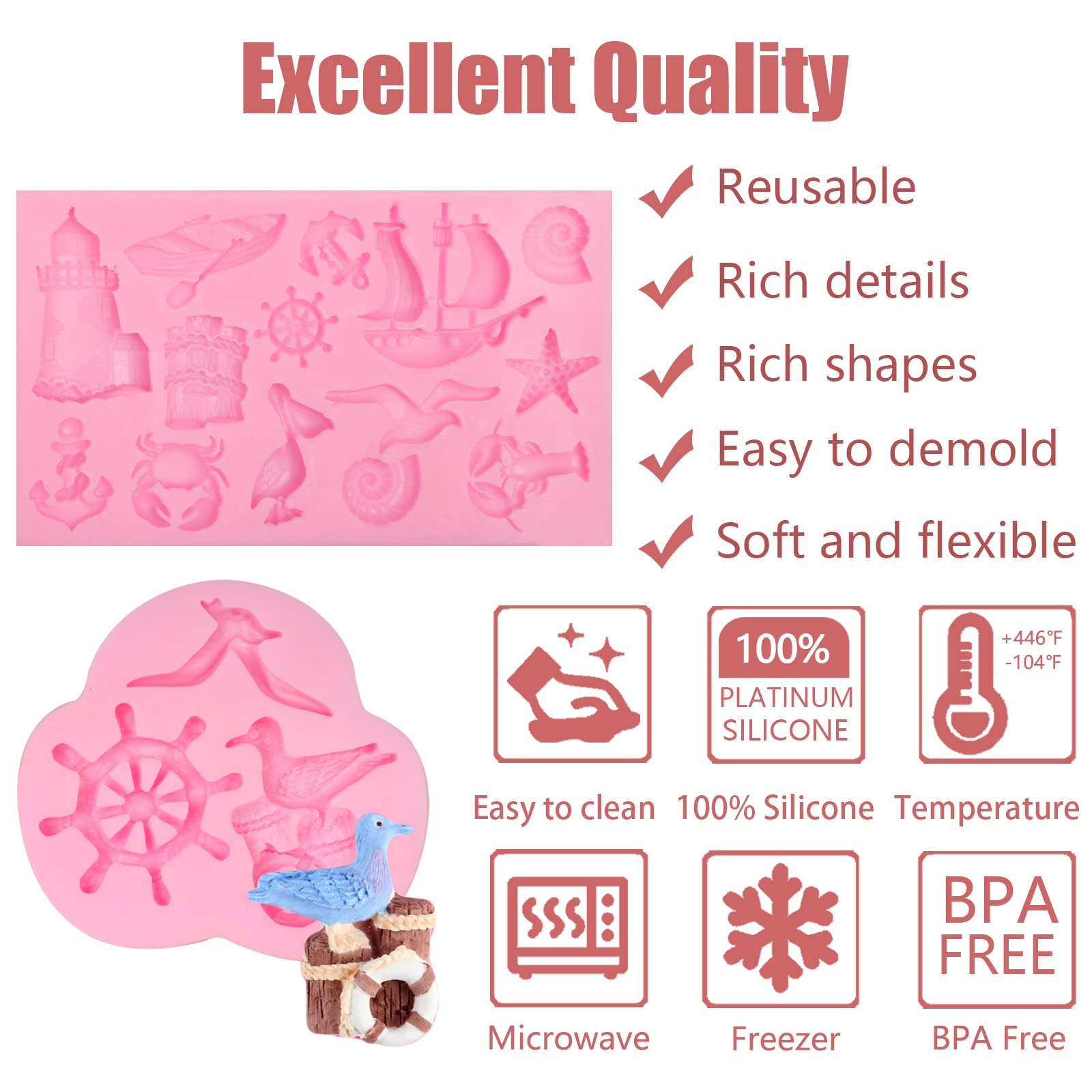 Anchor Fondant Molds 4 Pcs, Rudder Seagull Sailing Boat Hook Silicone Mold Lifebuoy Lighthouse Mold For Chocolate Cake Decoratio