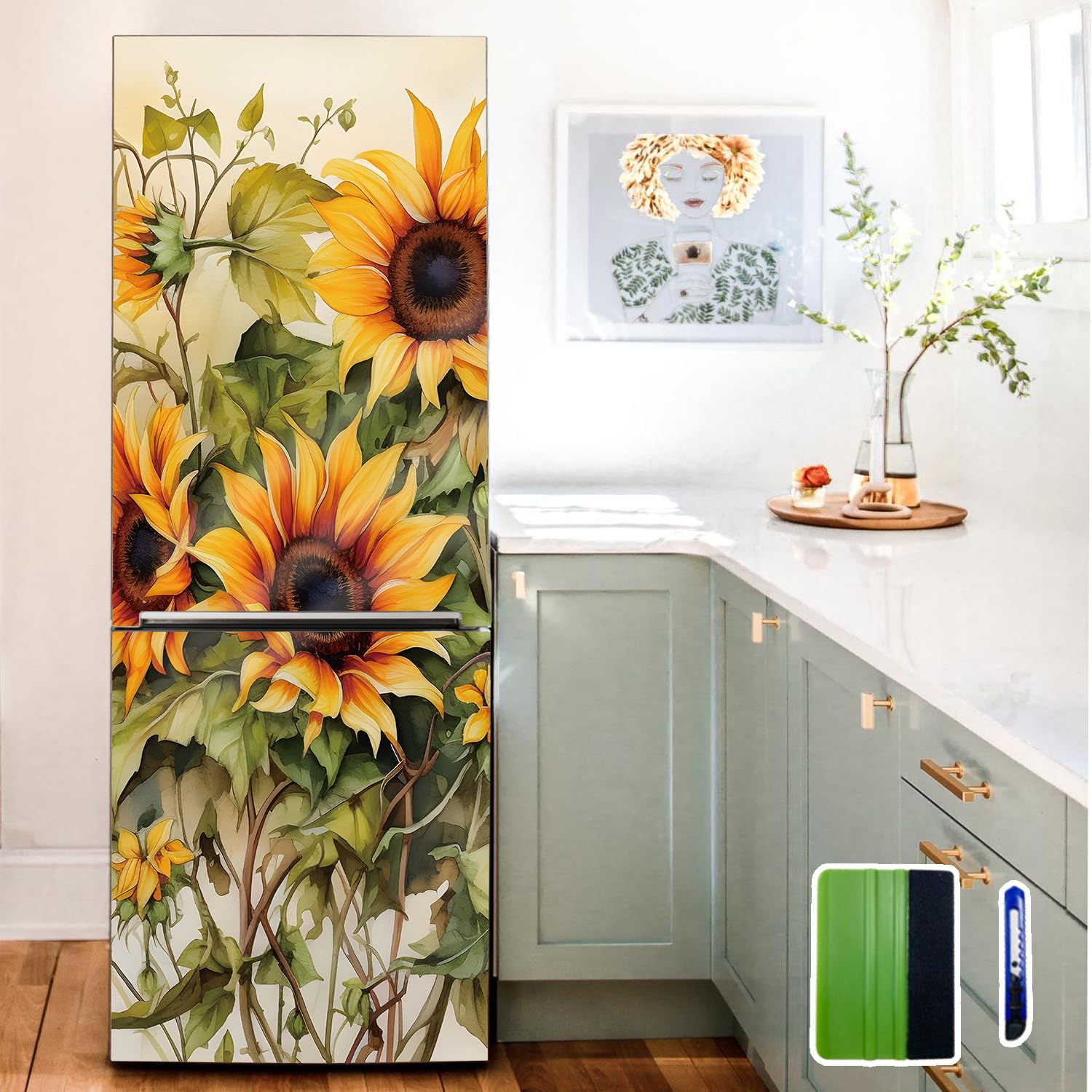 funlife Vintage Self-Adhesive Fridge Door Mural with Tools for Kitchen, 11.25 x64.17 2pc, Vintage Sunflower