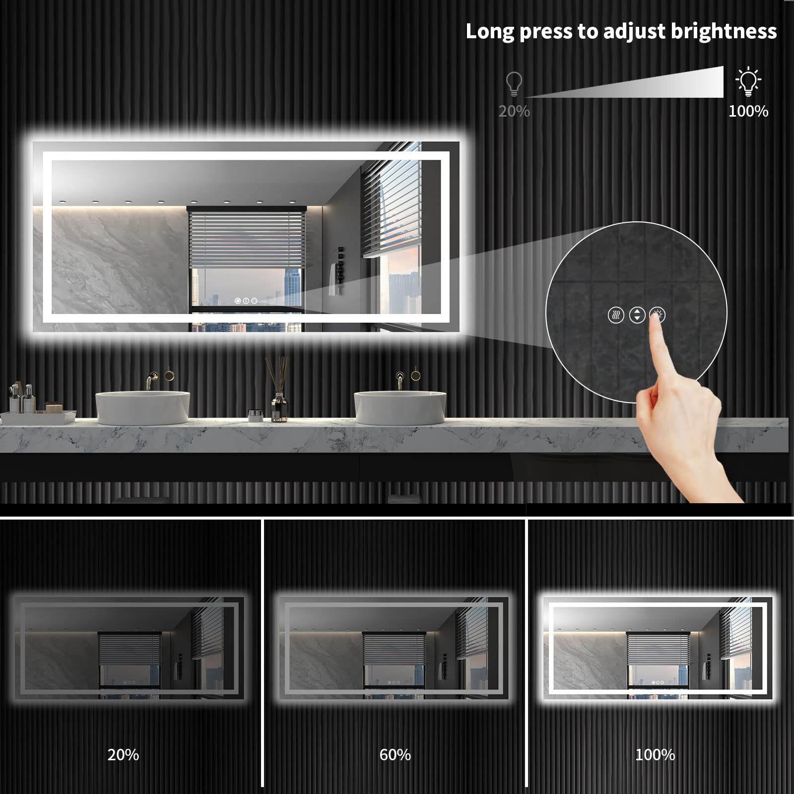 LOAAO 72X32 LED Bathroom Mirror with Lights  Anti-Fog  Dimmable  Backlit + Front Lit  Lighted Bathroom Vanity Mirror for Wall  Shatter-Proof  Memory Function  ETL Listed