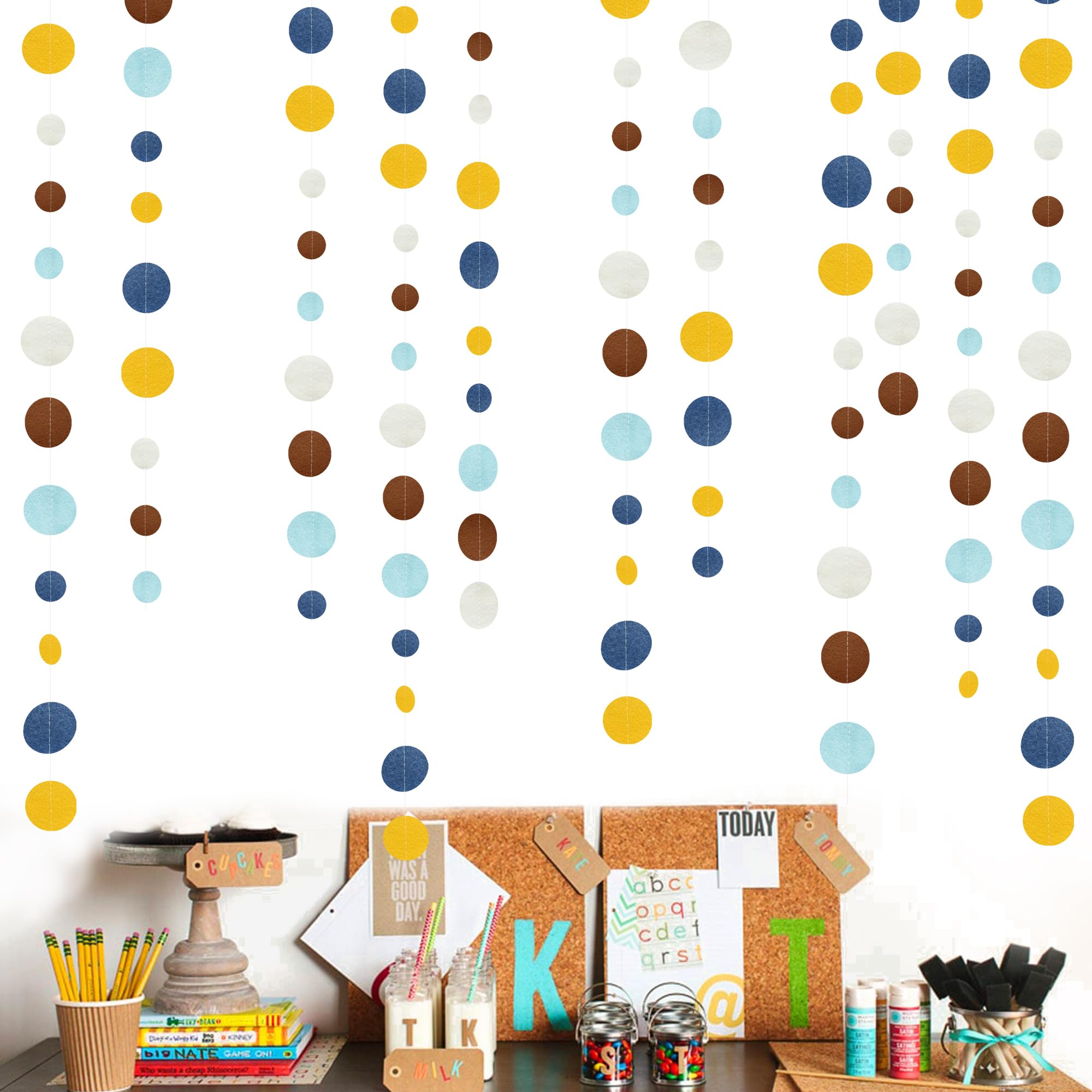Boho Classroom Decorations Navy Blue Yellow Brown Felt Circle Dot Garland Hanging Polka Dot Streamer For Classrooms Preschool Ev