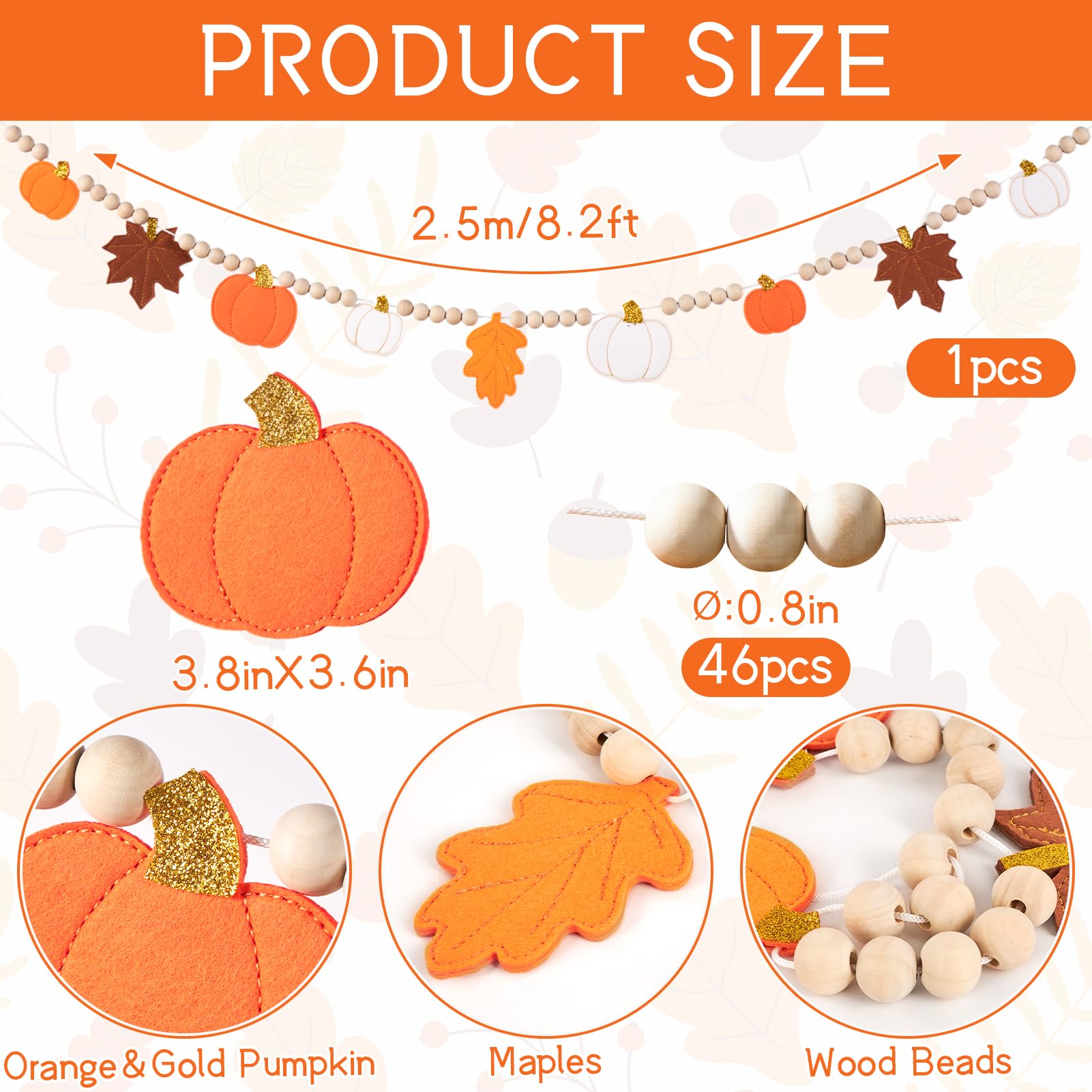 Fall Decorations for Home Felt Pumpkin Garland and Wood Bead Felt Pumpkins Hanging Garland Maple Leaf Banner for Thanksgving Dec