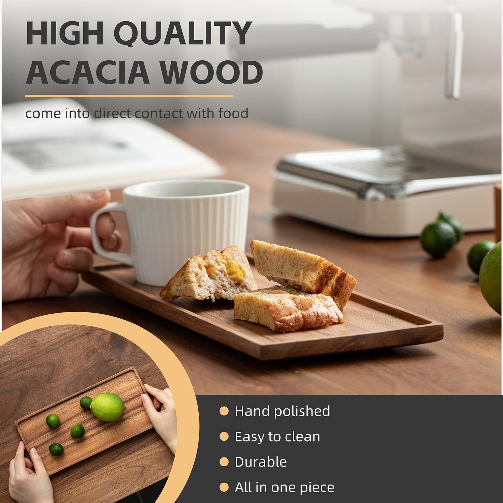 Vandroop Mini Wooden Serving Platter, Small Wood Serving Tray For Tea/Coffee (Acacia Wood, S)