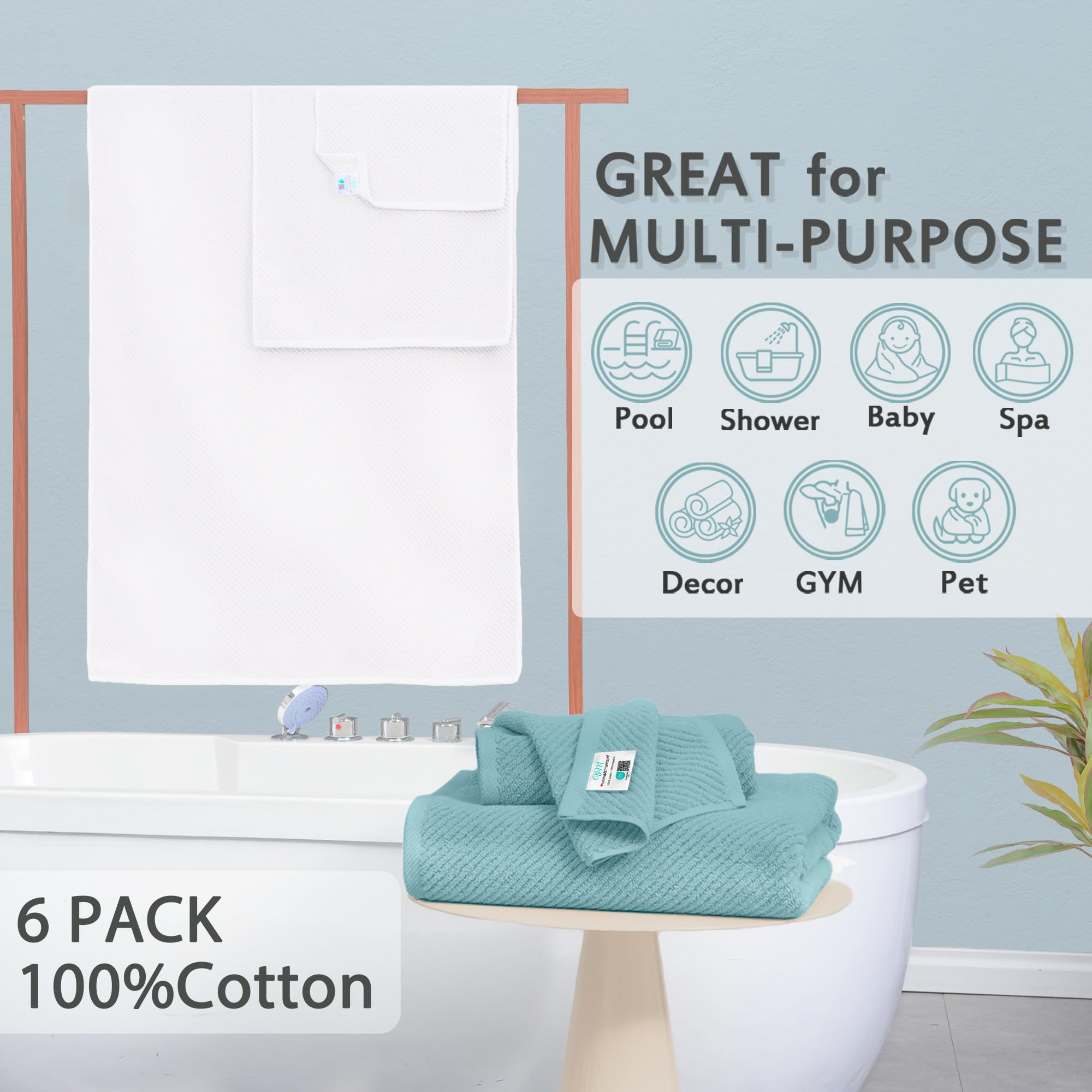 Towels For Bathroom - 100% Cotton | Soft | Quick Dry | Thick, Towel Set Of 6, 2 Large Bath Towels 30''X56'',2 Hand Towels 18''X2