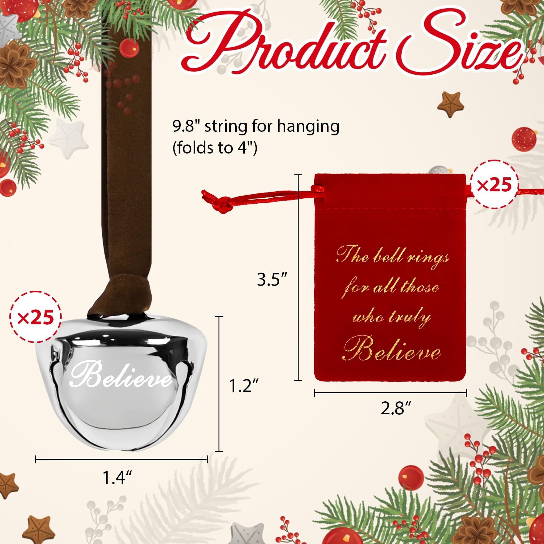 25 Set Christmas Believe Bells Bulk Polar Santa Sleigh Bells Santa Gifts Silver Reindeer Bell Ornaments with Red Velvet Bags for