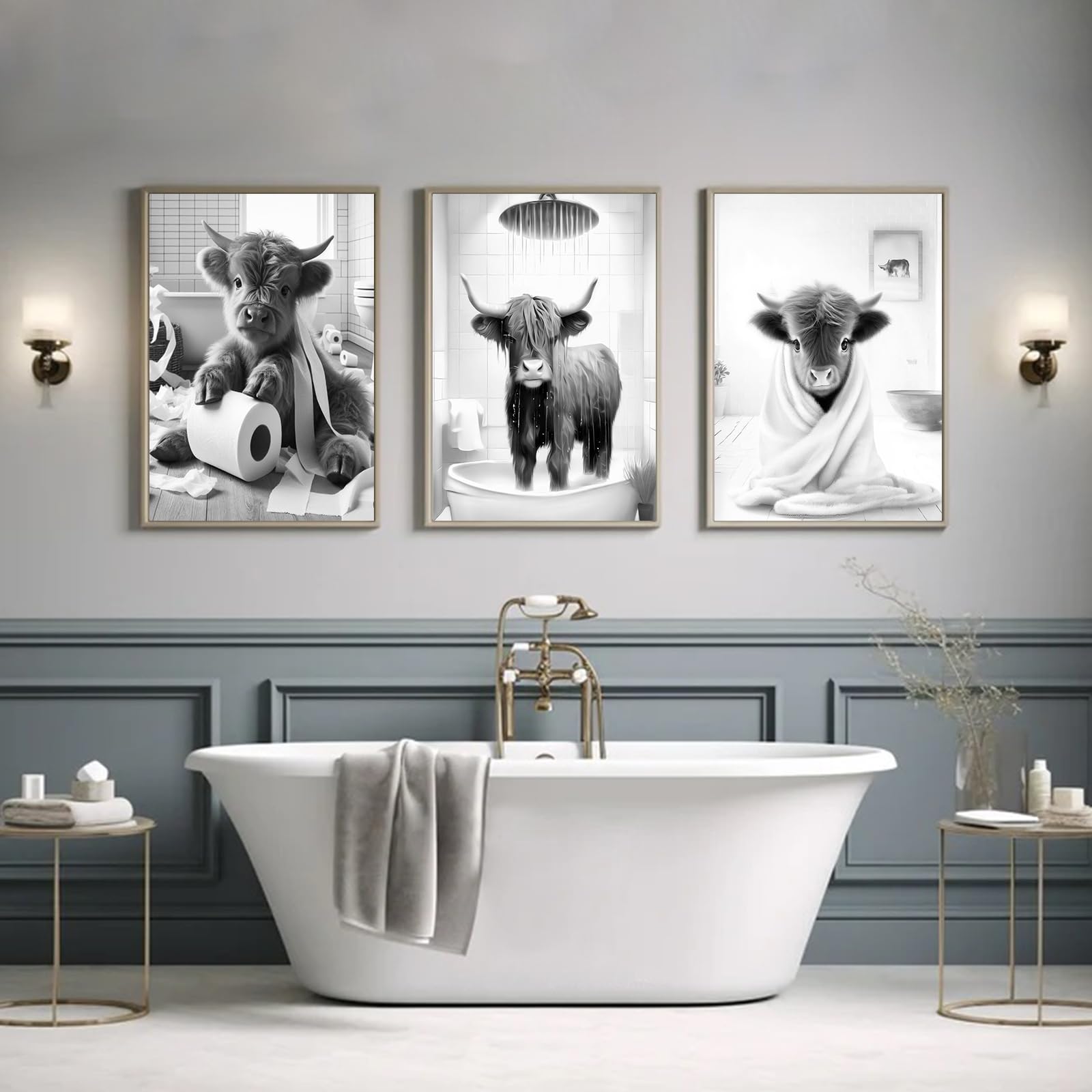 TWNSLLA Highland Cow Bathroom Wall Art Set of 4, Retro Canvas Decor, Black and White Humor Prints, Unframed