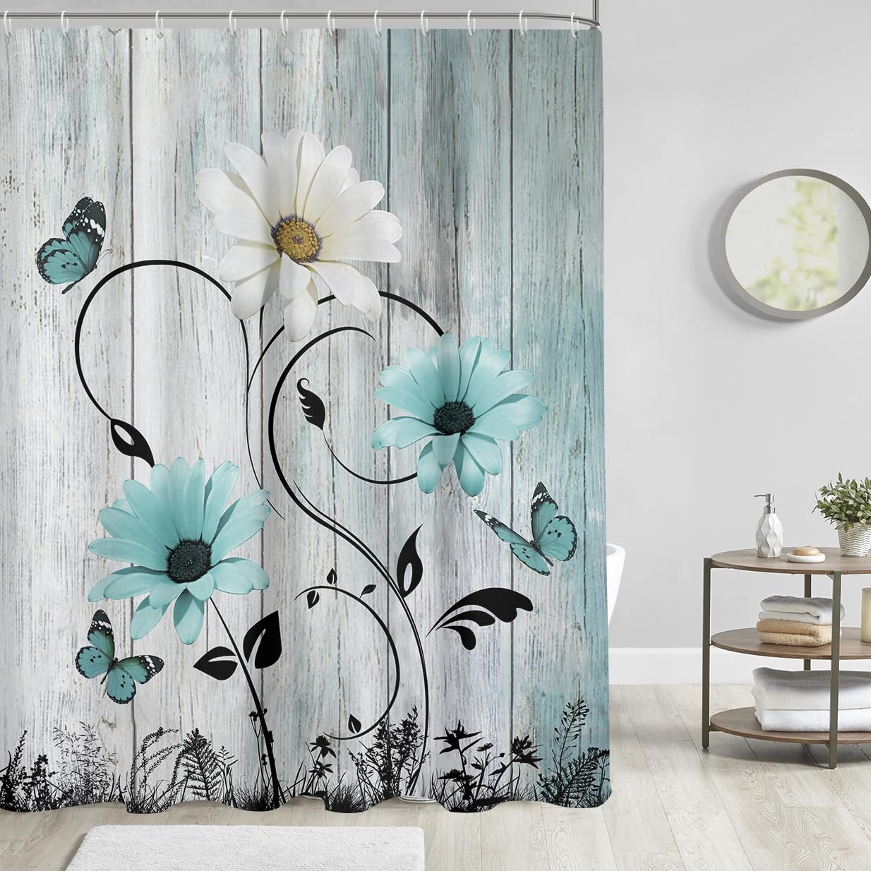 Aatter Teal Aqua Turquoise Shower Curtain Butterfly Daisy Rustic Blue Floral Flower Farmhouse Wood White Country Vintage Farm An